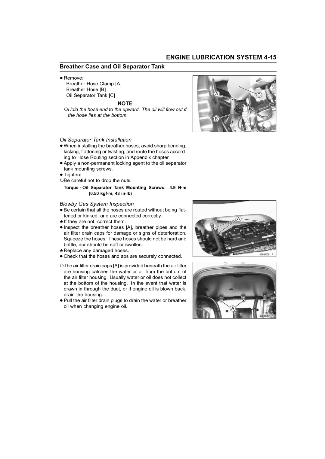 Kawasaki STX-15F service manual Oil Separator Tank Installation, Blowby Gas System Inspection 