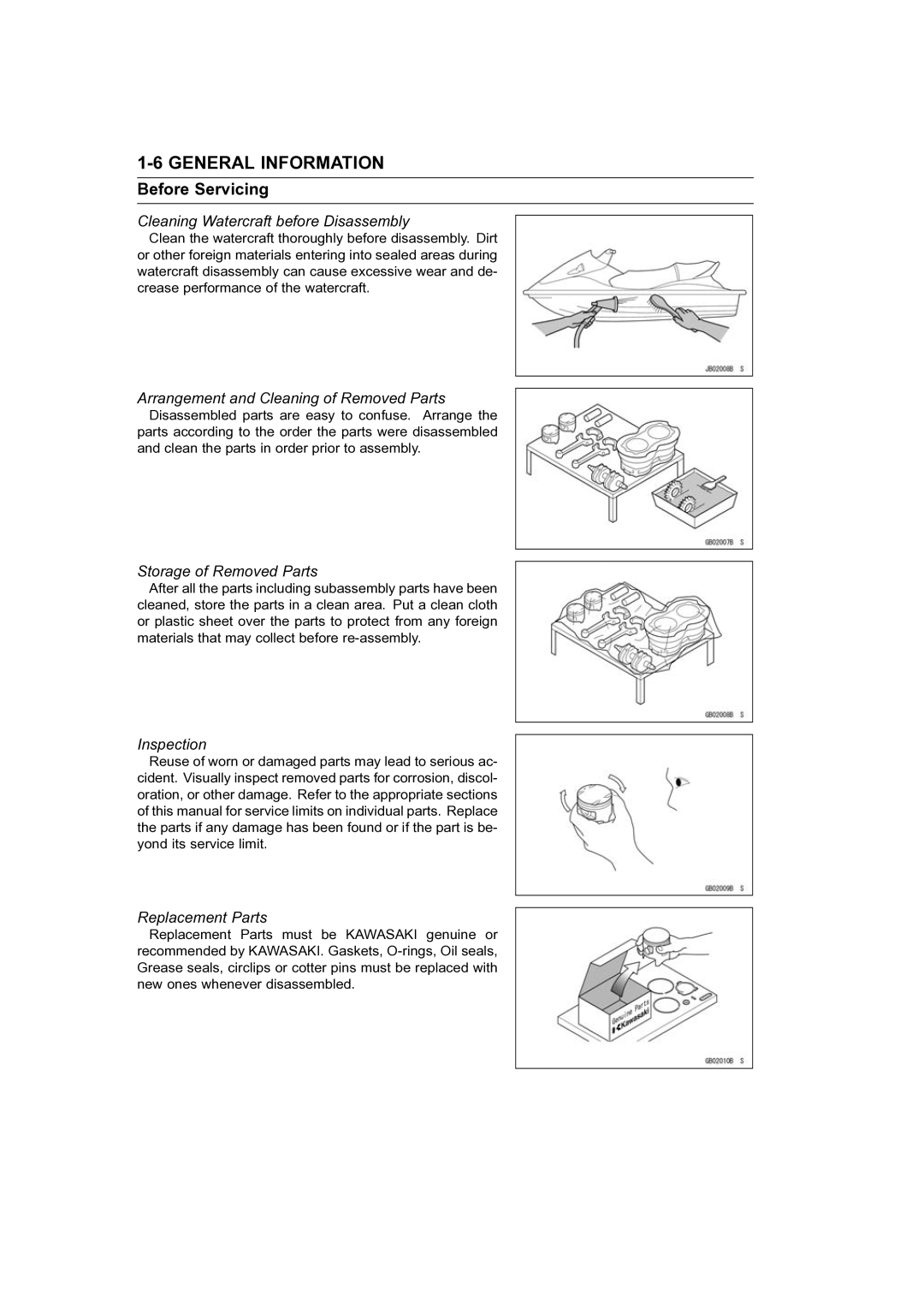 Kawasaki STX-15F Cleaning Watercraft before Disassembly, Arrangement and Cleaning of Removed Parts, Inspection 