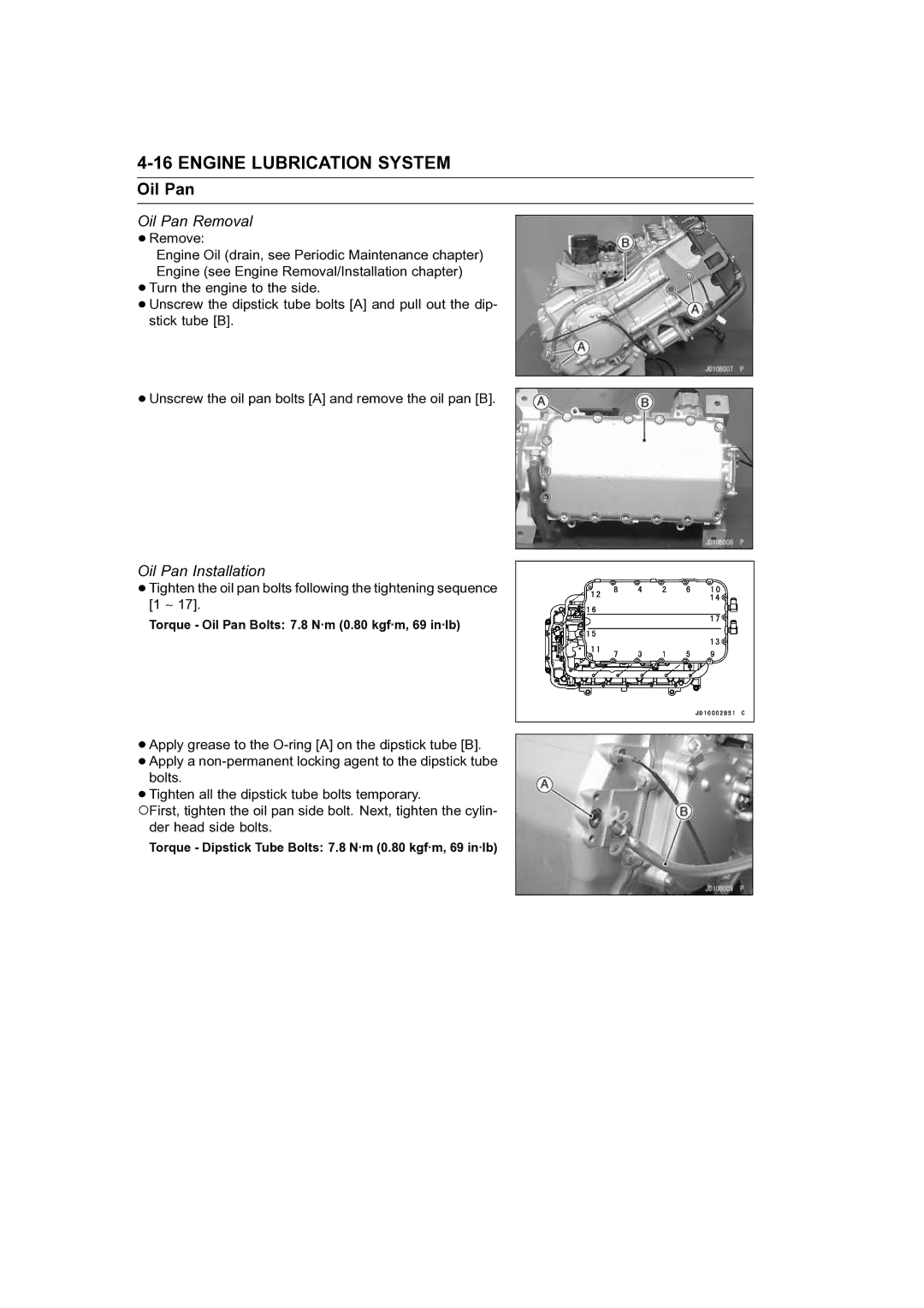 Kawasaki STX-15F service manual Oil Pan Removal, Oil Pan Installation 