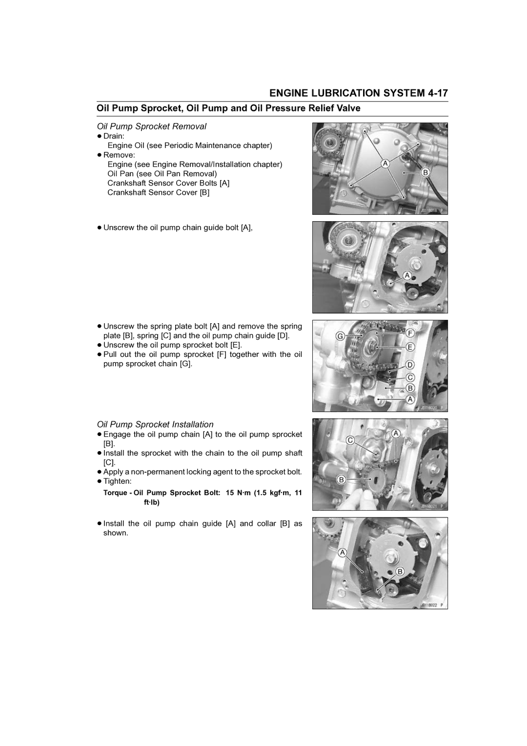 Kawasaki STX-15F service manual Oil Pump Sprocket, Oil Pump and Oil Pressure Relief Valve, Oil Pump Sprocket Removal 