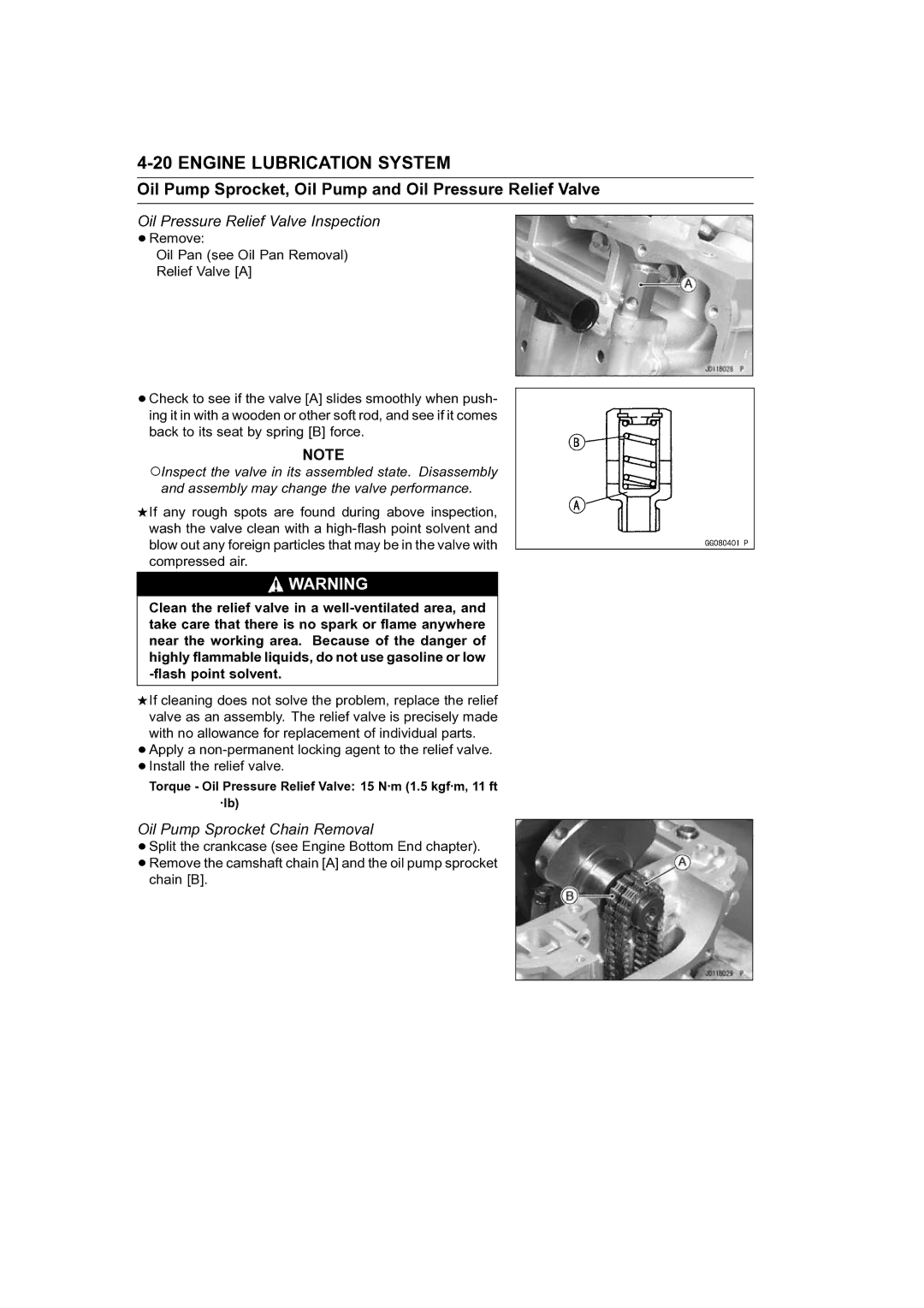 Kawasaki STX-15F service manual Oil Pressure Relief Valve Inspection, Oil Pump Sprocket Chain Removal 