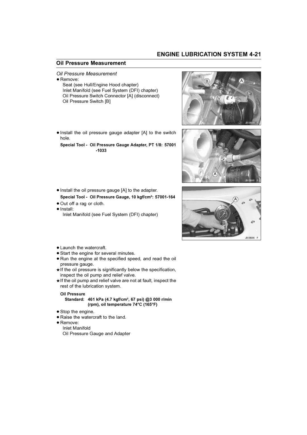 Kawasaki STX-15F service manual Oil Pressure Measurement 