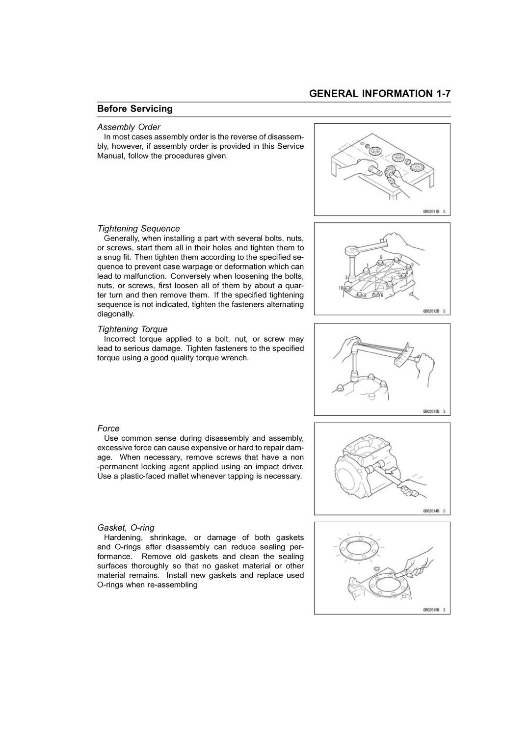 Kawasaki STX-15F service manual Assembly Order Tightening Sequence, Tightening Torque, Force, Gasket, O-ring 