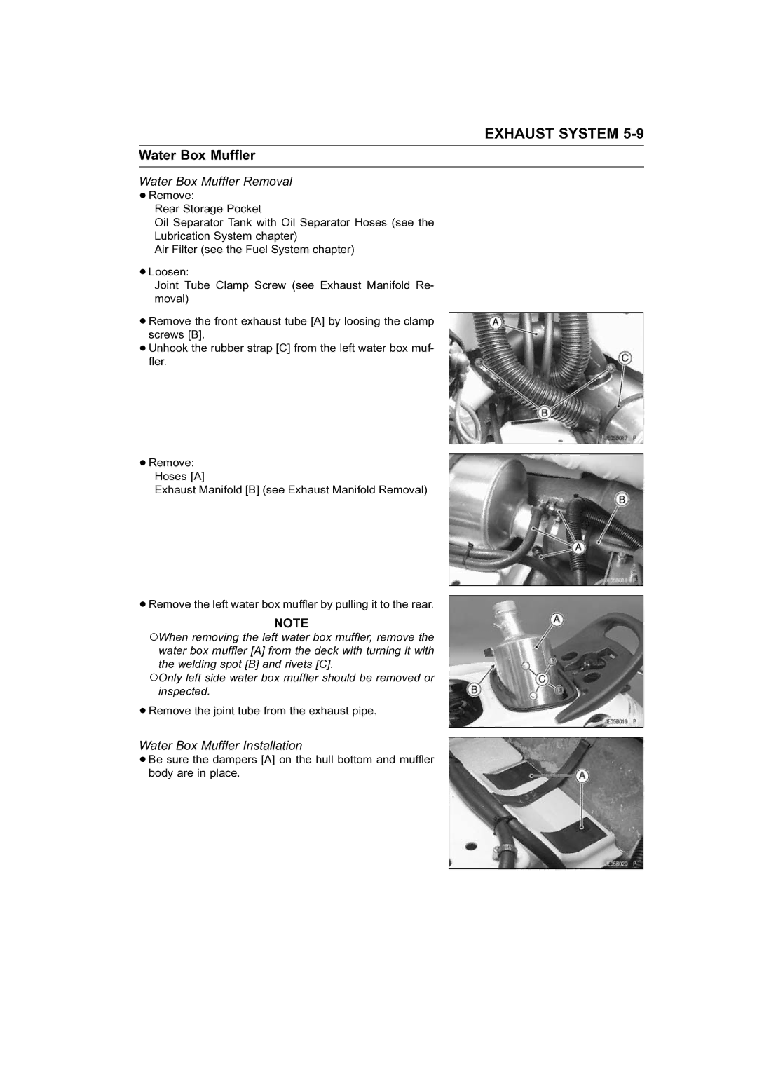 Kawasaki STX-15F service manual Water Box Muffler Removal, Water Box Muffler Installation 