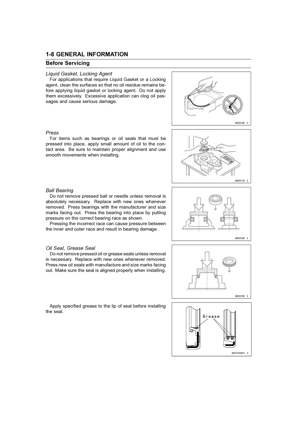 Kawasaki STX-15F service manual Liquid Gasket, Locking Agent, Press, Ball Bearing, Oil Seal, Grease Seal 