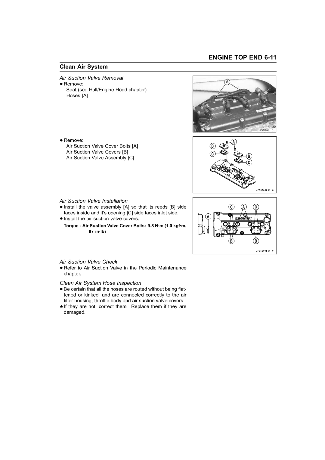 Kawasaki STX-15F Clean Air System, Air Suction Valve Removal, Air Suction Valve Installation, Air Suction Valve Check 