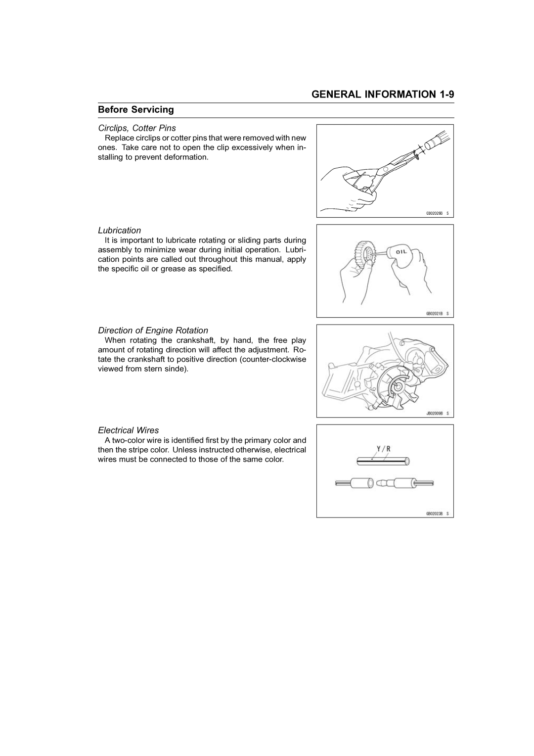 Kawasaki STX-15F service manual Circlips, Cotter Pins, Lubrication, Direction of Engine Rotation, Electrical Wires 