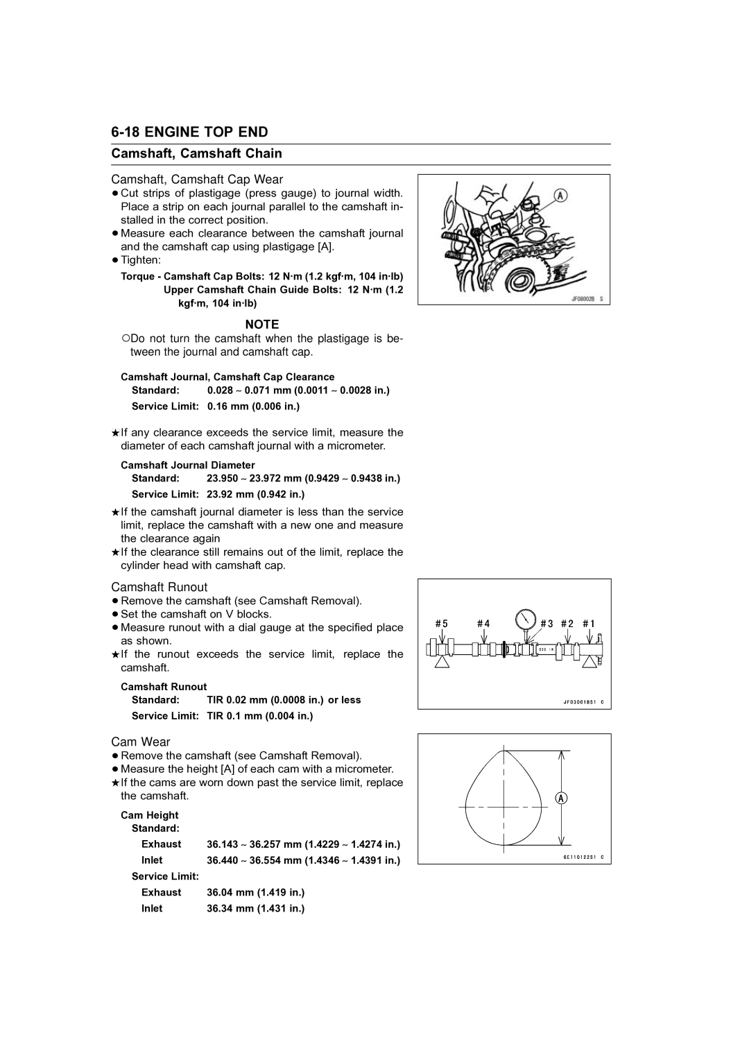 Kawasaki STX-15F service manual Camshaft, Camshaft Cap Wear, Camshaft Runout 