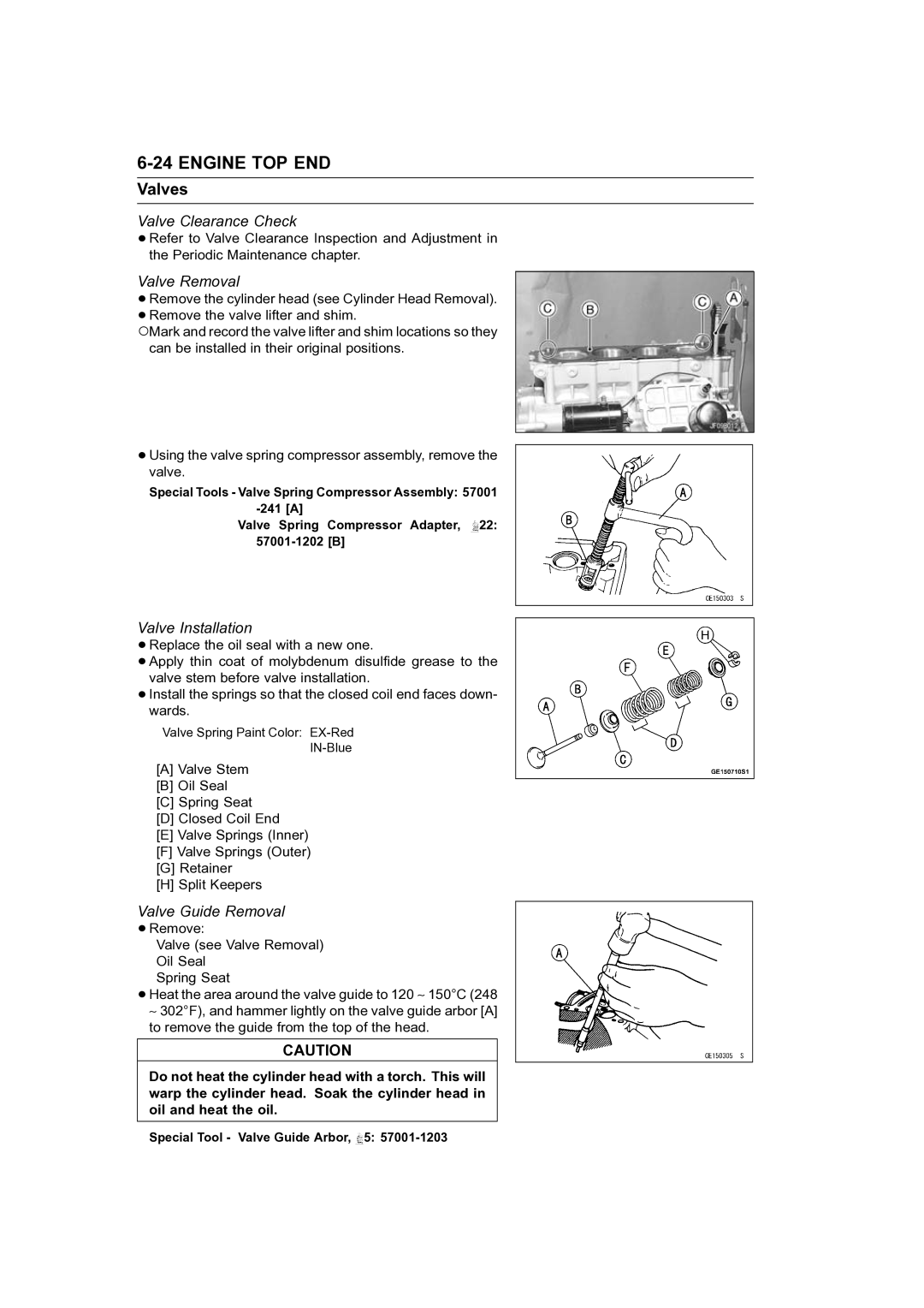 Kawasaki STX-15F service manual Valves, Valve Clearance Check, Valve Removal, Valve Installation, Valve Guide Removal 