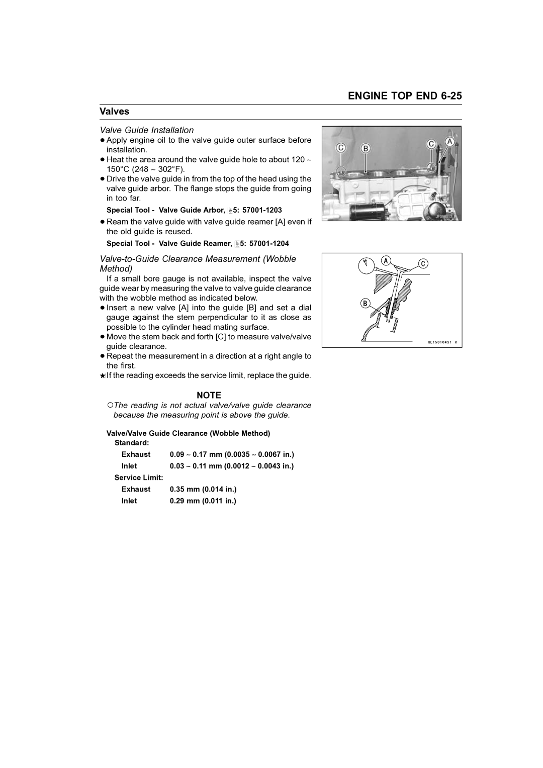 Kawasaki STX-15F service manual Valve Guide Installation, Valve-to-Guide Clearance Measurement Wobble Method 