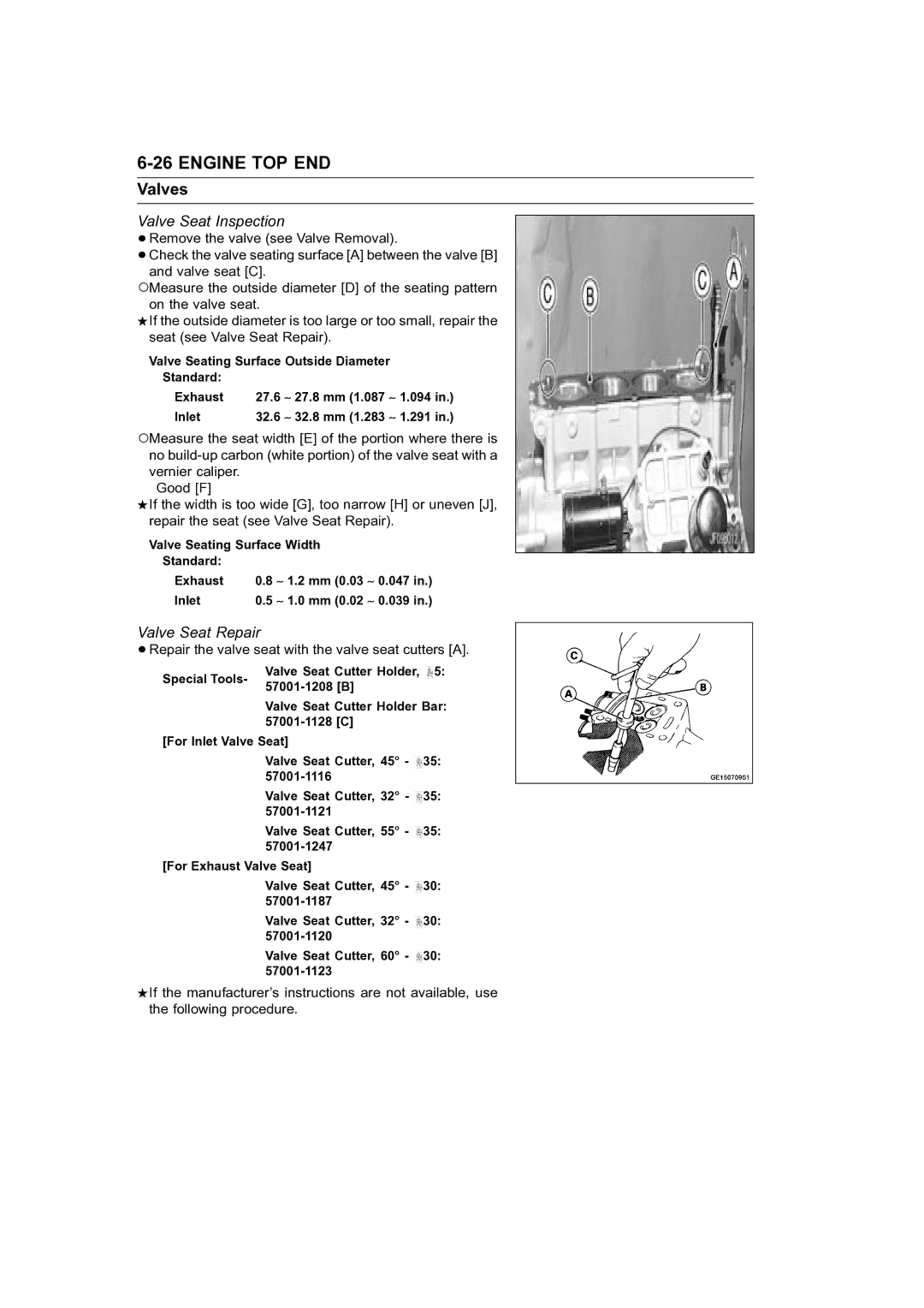 Kawasaki STX-15F service manual Valve Seat Inspection, Valve Seat Repair 