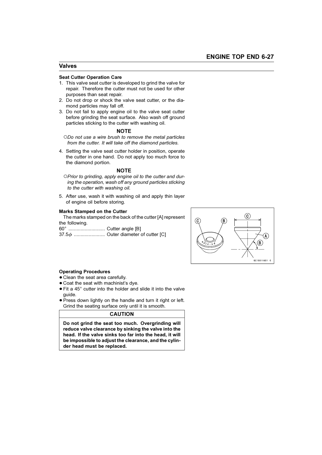 Kawasaki STX-15F service manual Seat Cutter Operation Care, Marks Stamped on the Cutter, Operating Procedures 