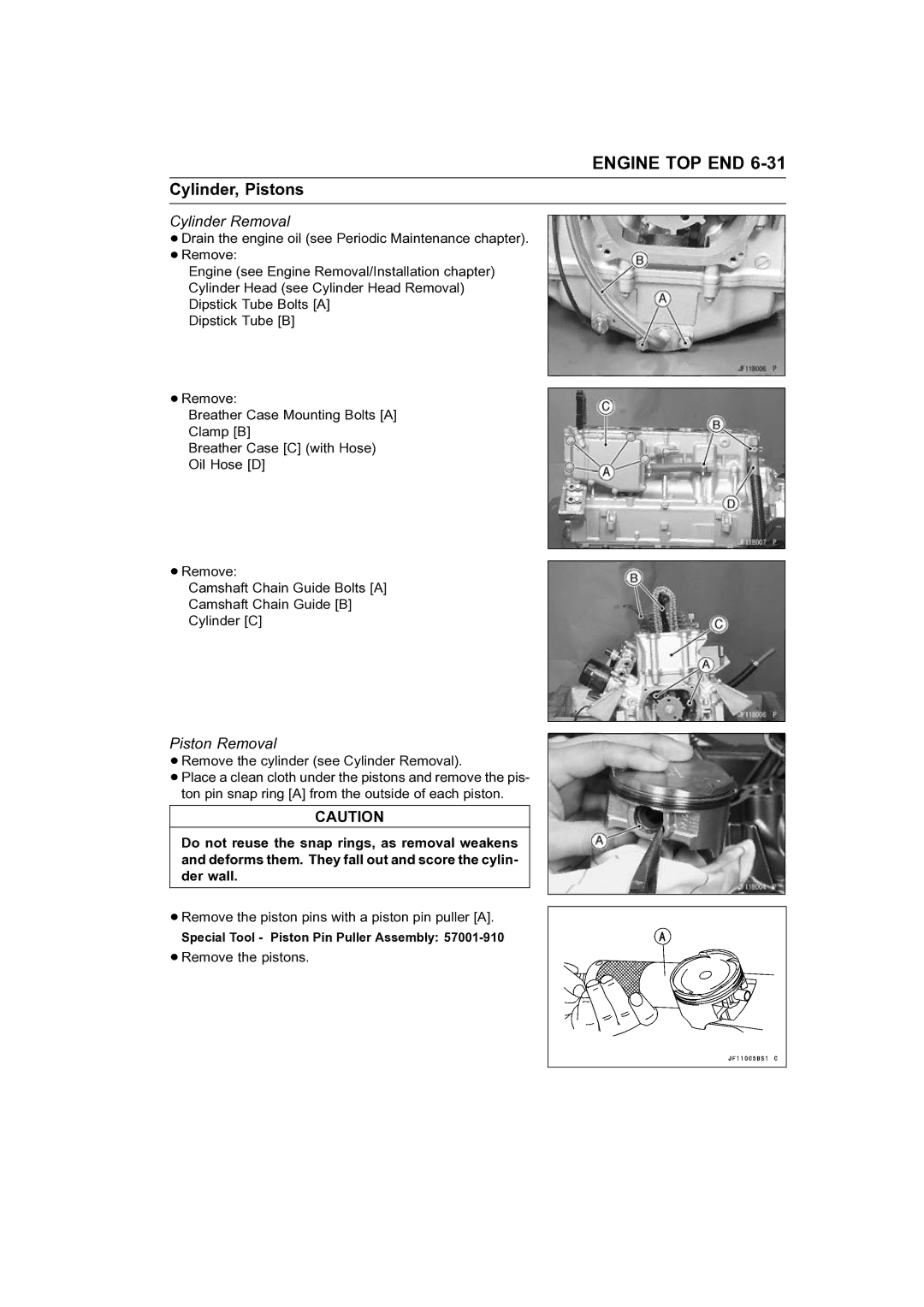 Kawasaki STX-15F service manual Cylinder, Pistons, Cylinder Removal, Piston Removal 