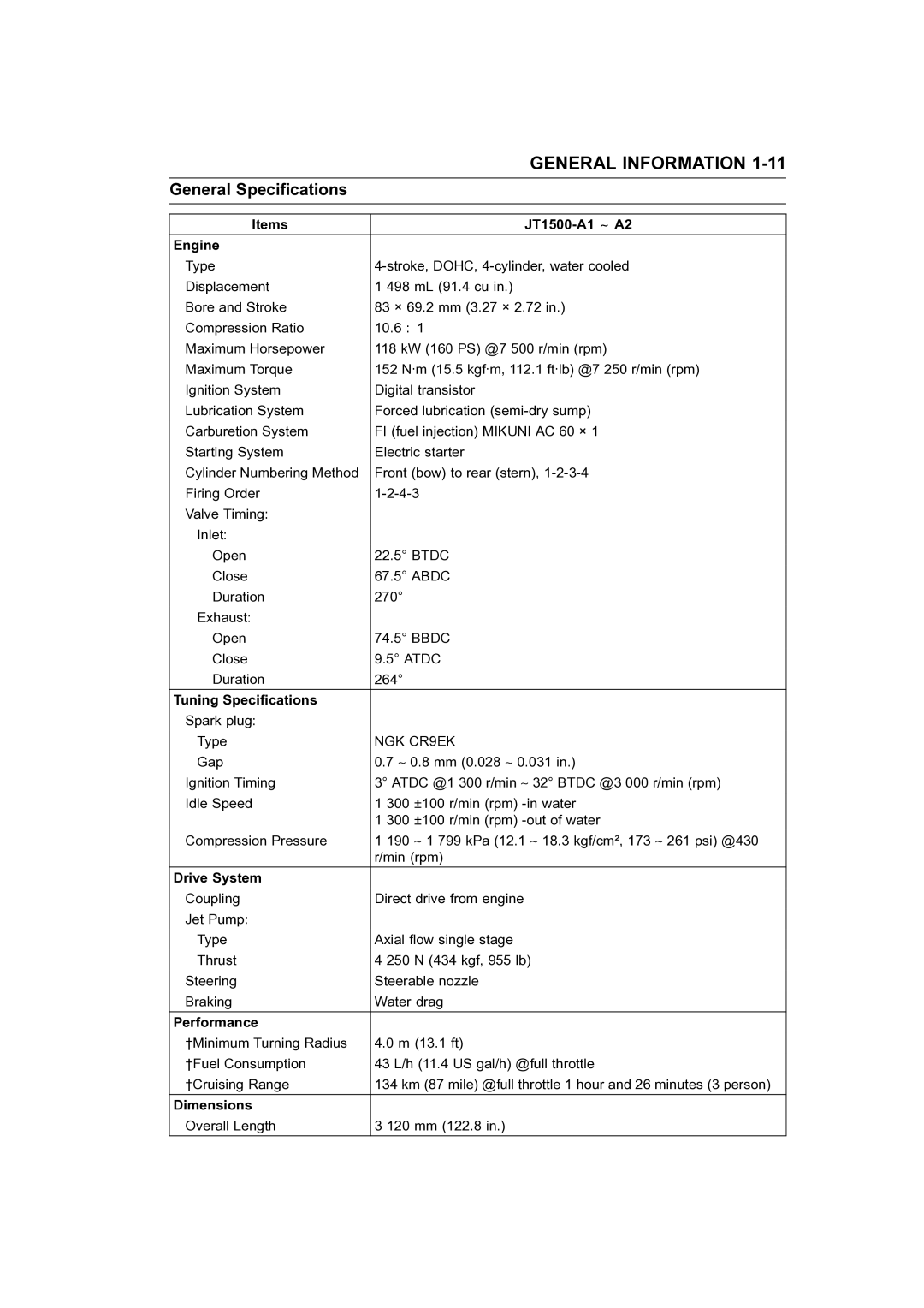 Kawasaki STX-15F service manual General Specifications 