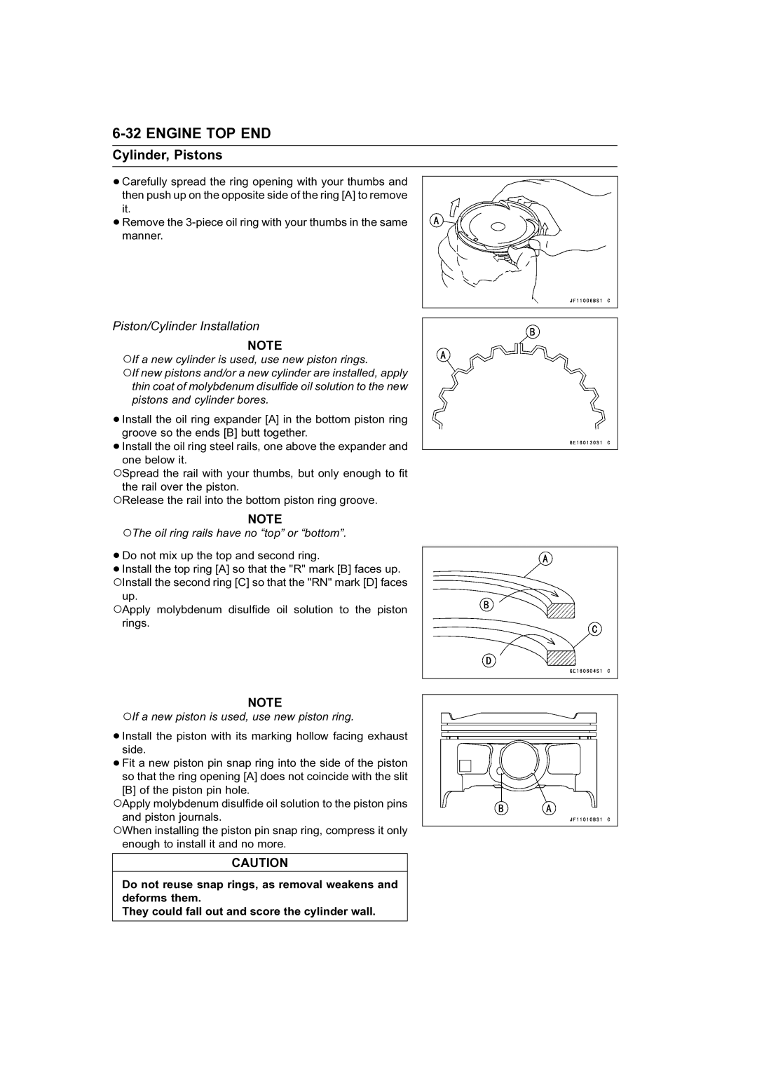 Kawasaki STX-15F service manual Piston/Cylinder Installation, Oil ring rails have no top or bottom 