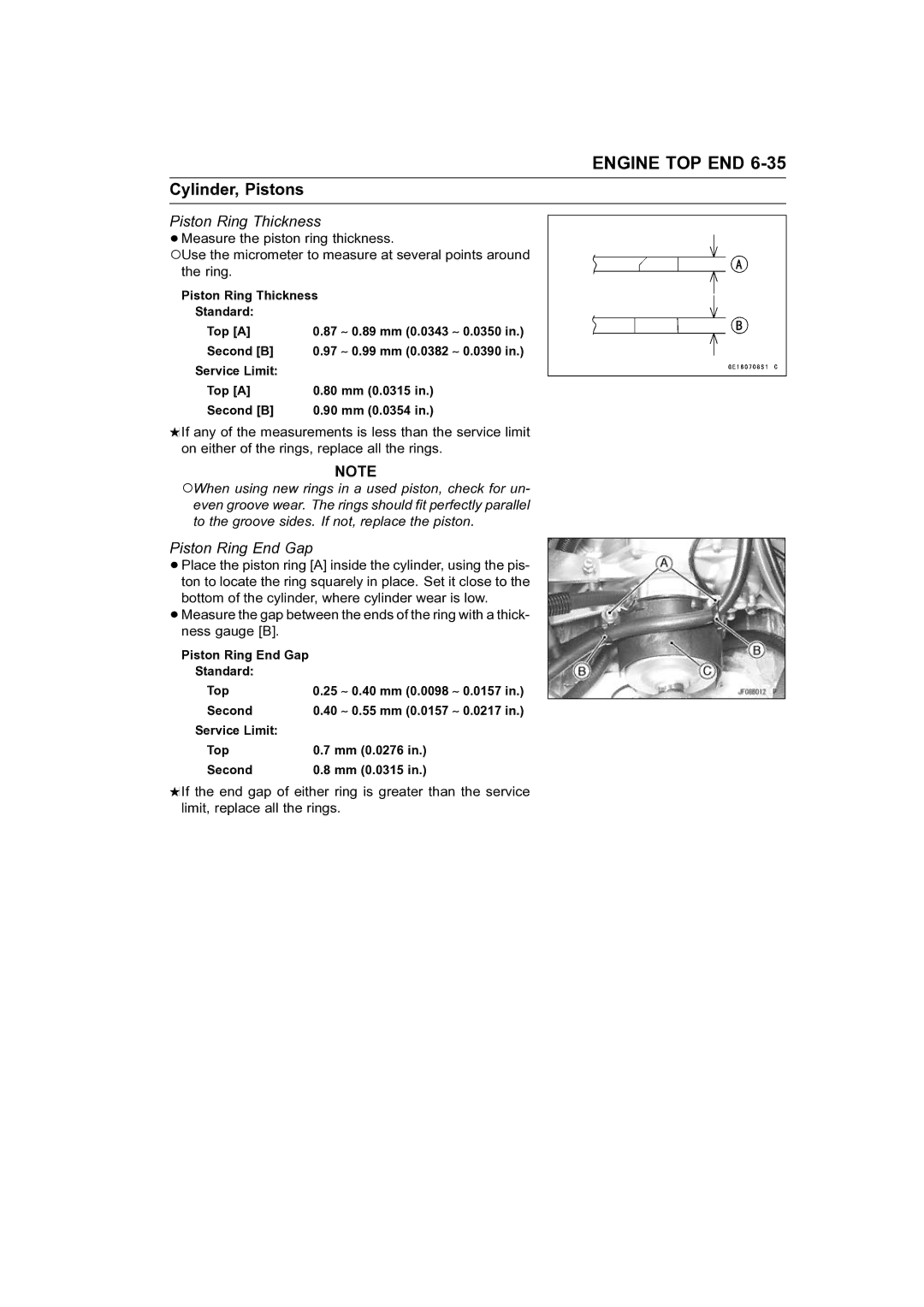 Kawasaki STX-15F service manual Piston Ring Thickness, Piston Ring End Gap 