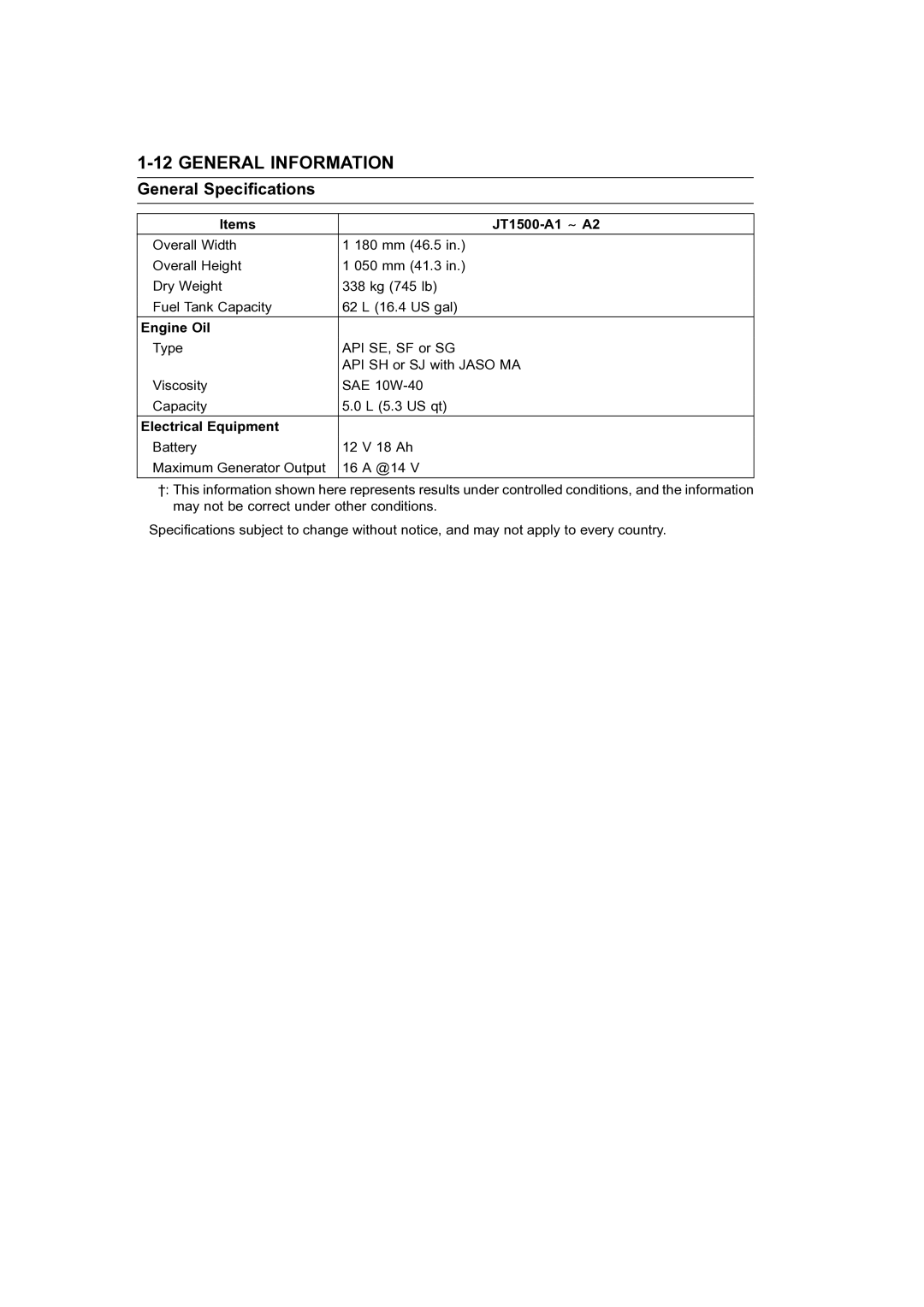 Kawasaki STX-15F service manual Items JT1500-A1 ∼ A2, Engine Oil, Electrical Equipment 