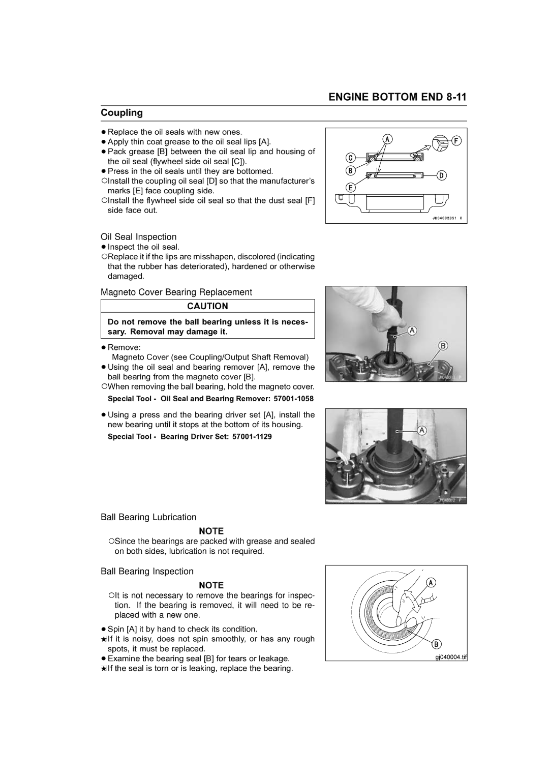 Kawasaki STX-15F Oil Seal Inspection, Magneto Cover Bearing Replacement, Ball Bearing Lubrication, Ball Bearing Inspection 