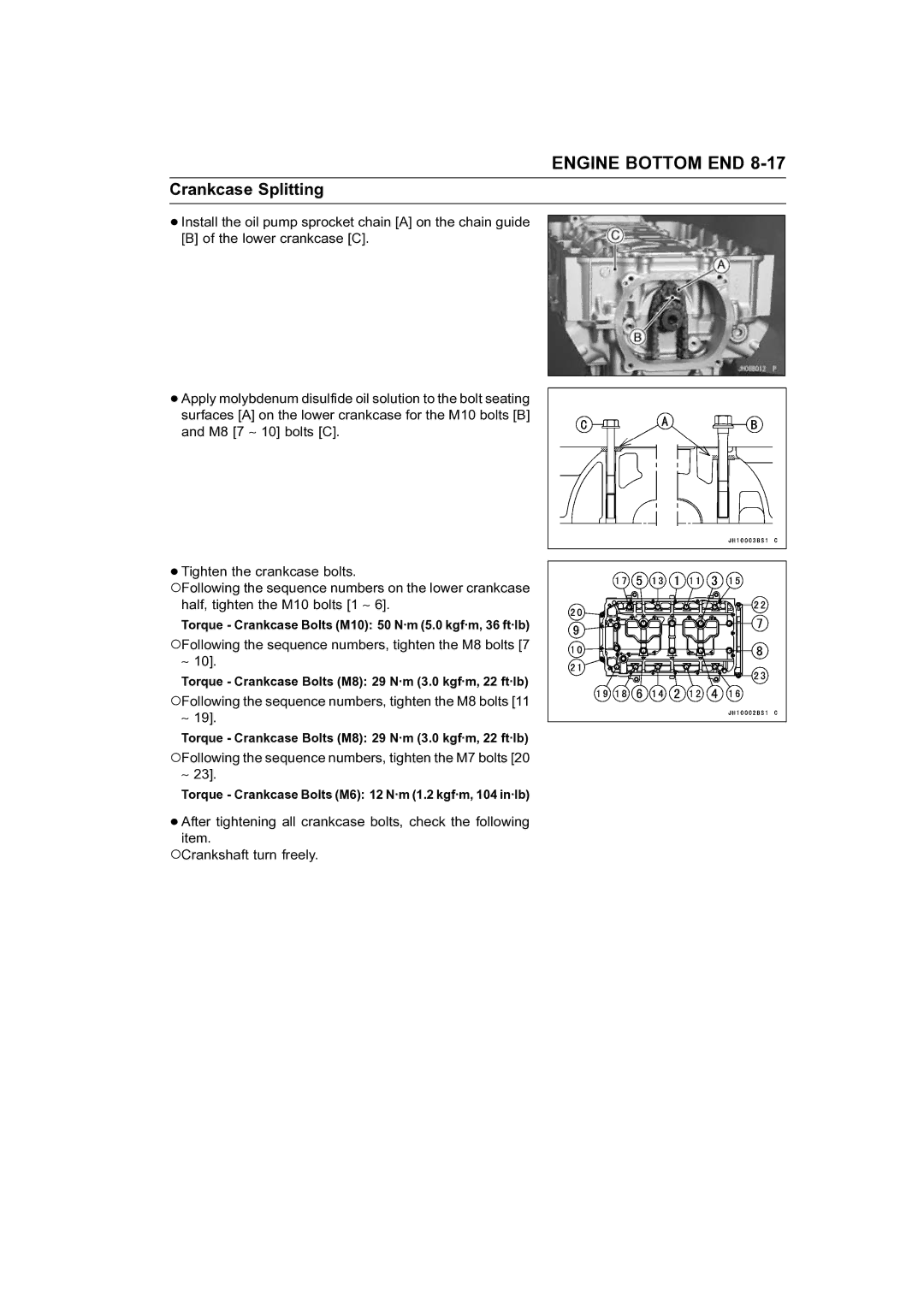 Kawasaki STX-15F service manual Following the sequence numbers, tighten the M8 bolts 