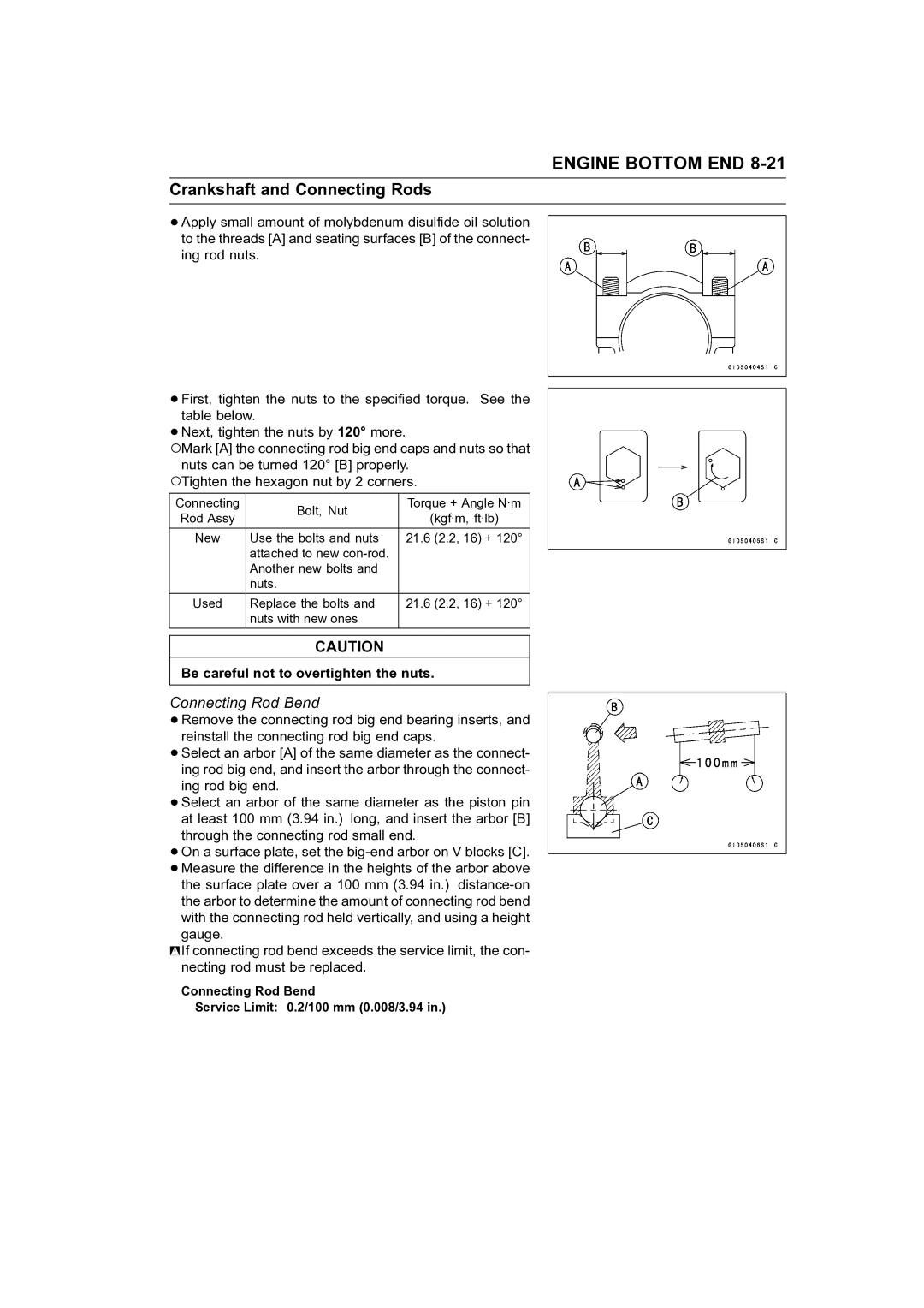 Kawasaki STX-15F service manual Connecting Rod Bend, Be careful not to overtighten the nuts 