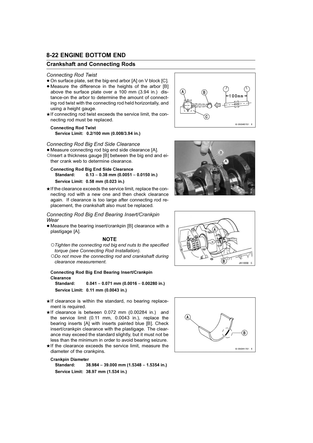 Kawasaki STX-15F service manual Connecting Rod Twist, Connecting Rod Big End Side Clearance 