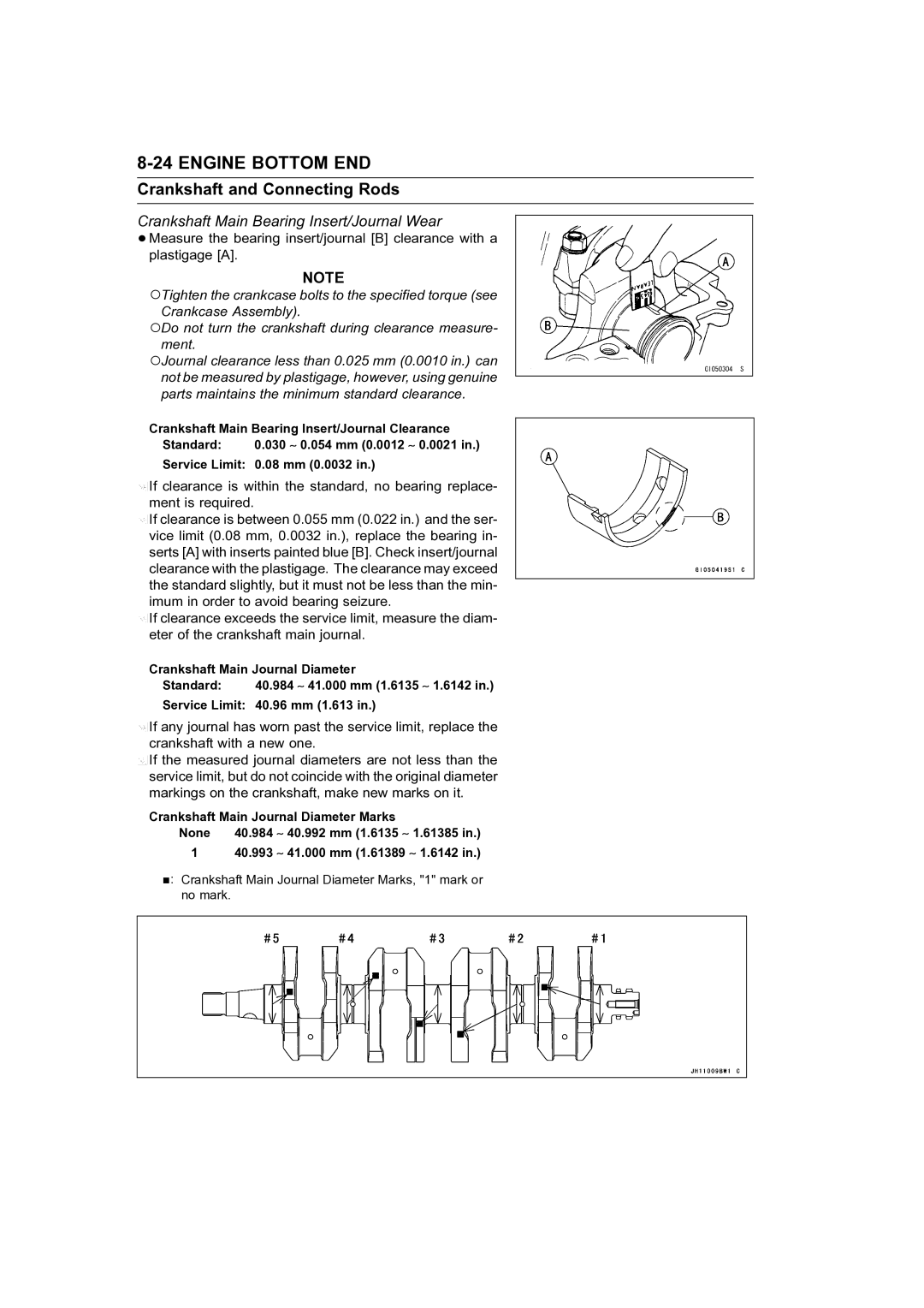 Kawasaki STX-15F service manual Crankshaft Main Bearing Insert/Journal Wear 