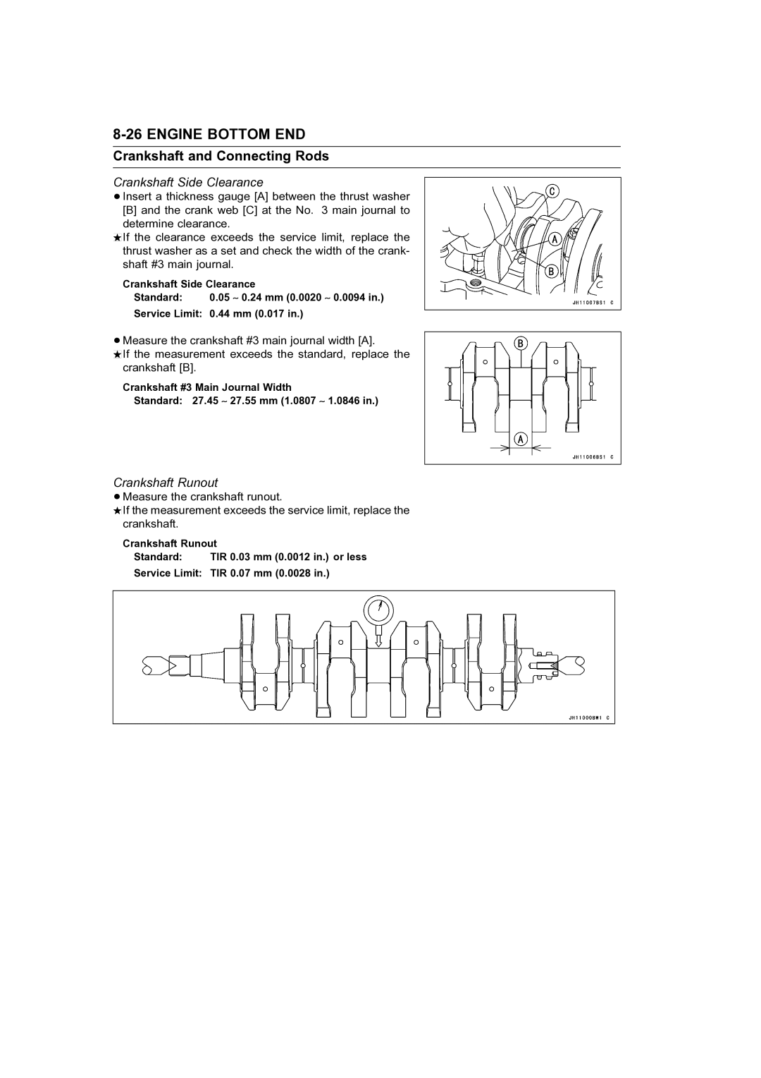 Kawasaki STX-15F service manual Crankshaft Side Clearance, Crankshaft Runout, Measure the crankshaft runout 