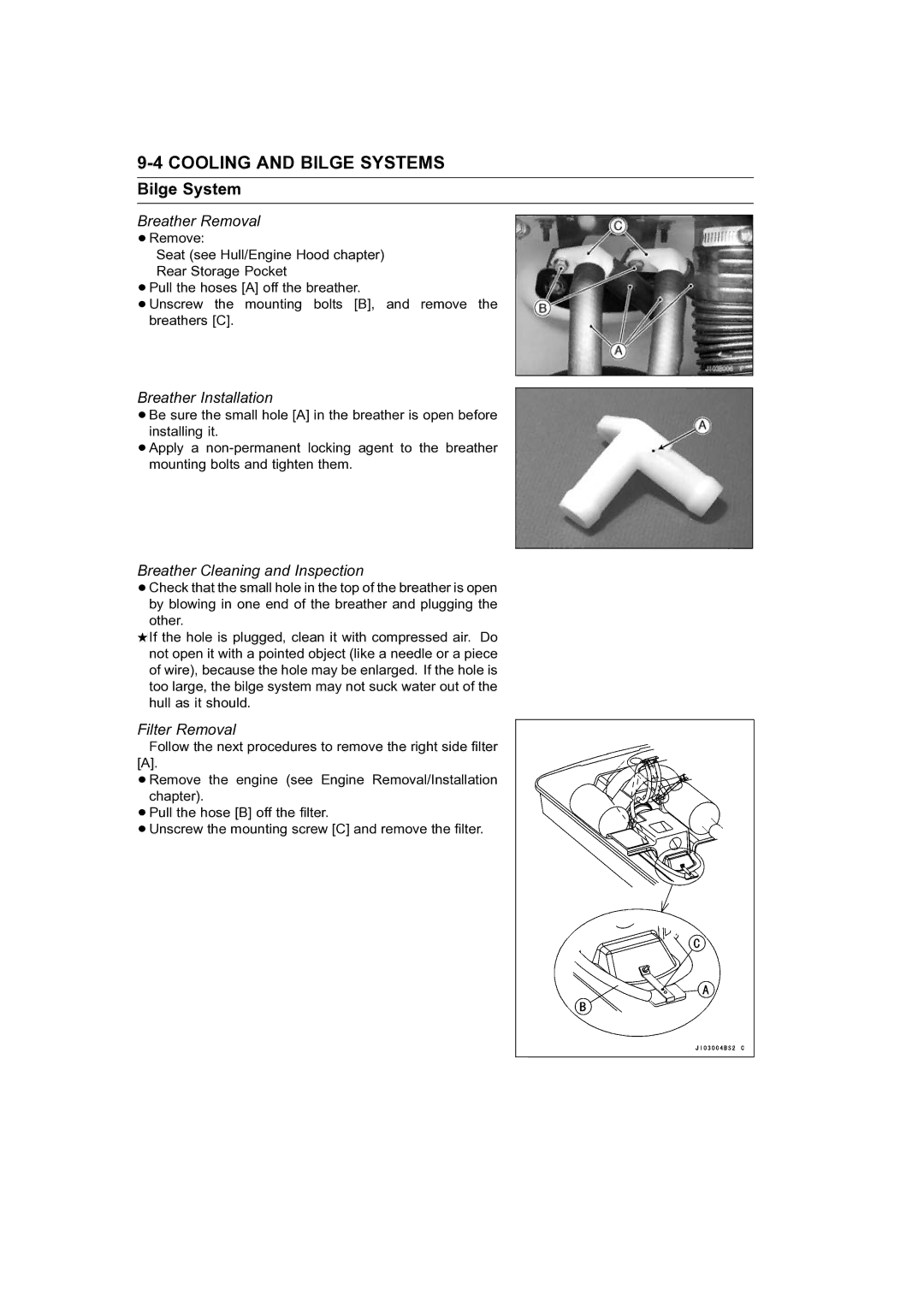 Kawasaki STX-15F Bilge System, Breather Removal, Breather Installation, Breather Cleaning and Inspection, Filter Removal 