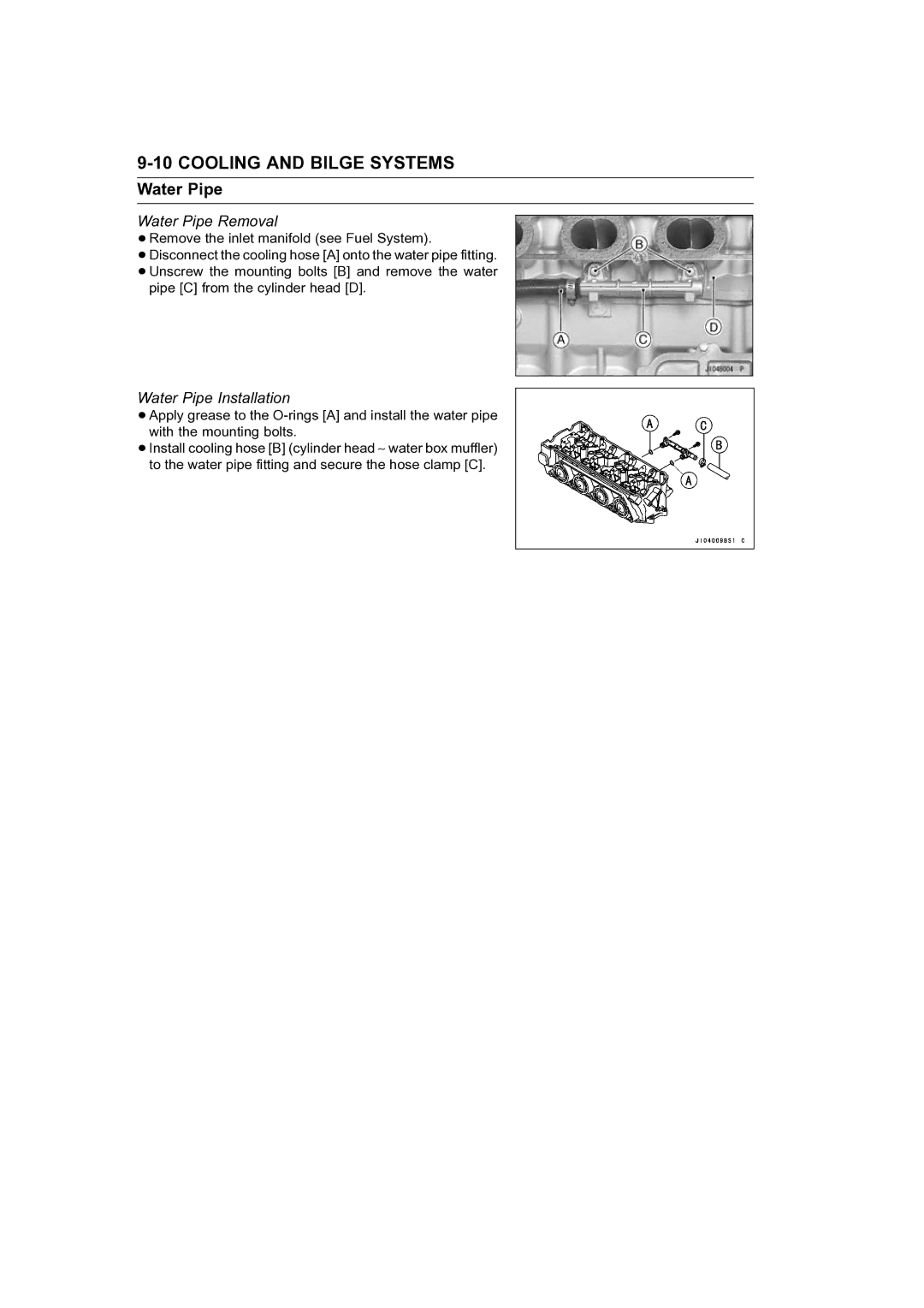 Kawasaki STX-15F service manual Water Pipe Removal, Water Pipe Installation 