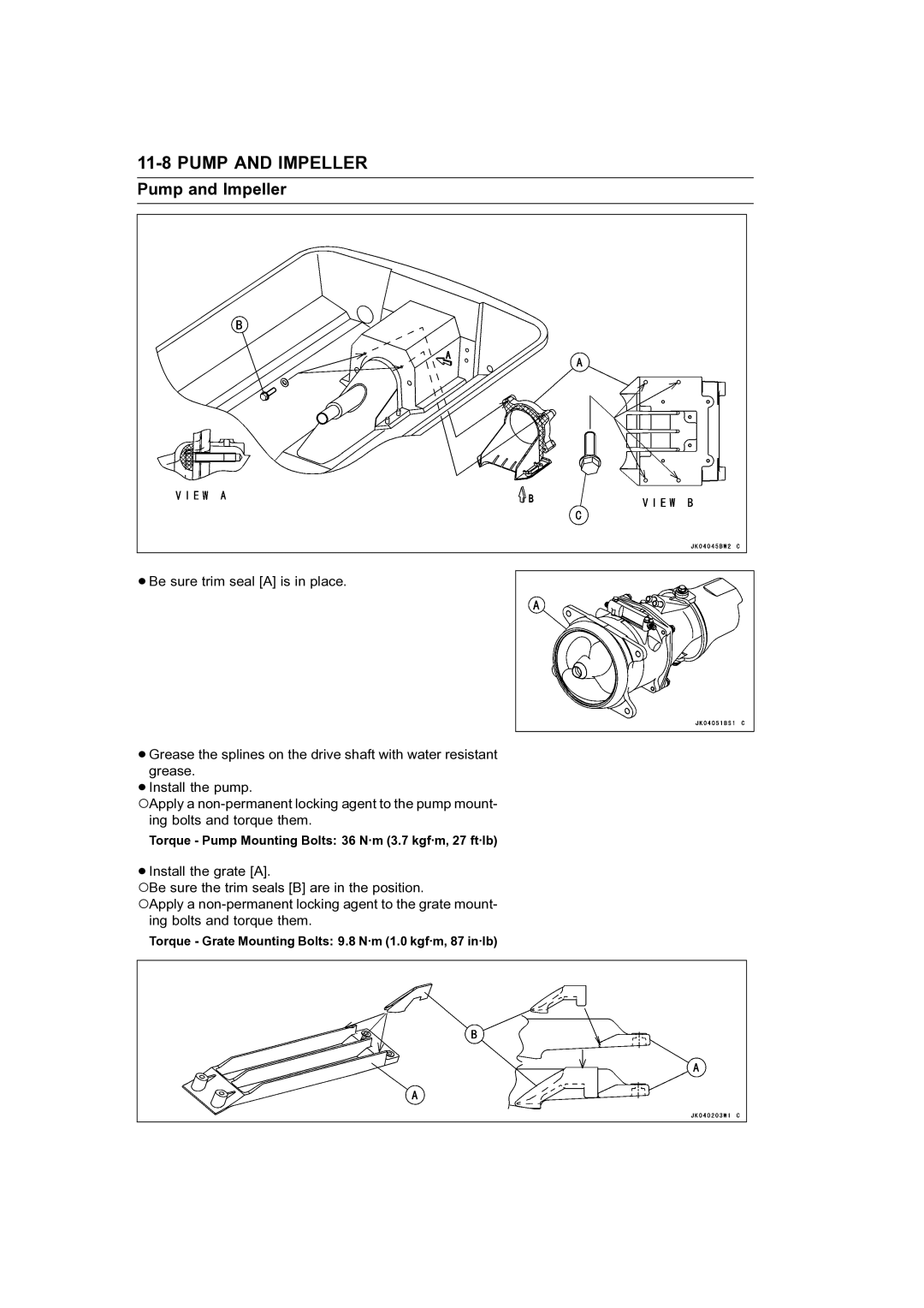 Kawasaki STX-15F service manual Torque Pump Mounting Bolts 36 N·m 3.7 kgf·m, 27 ft·lb 