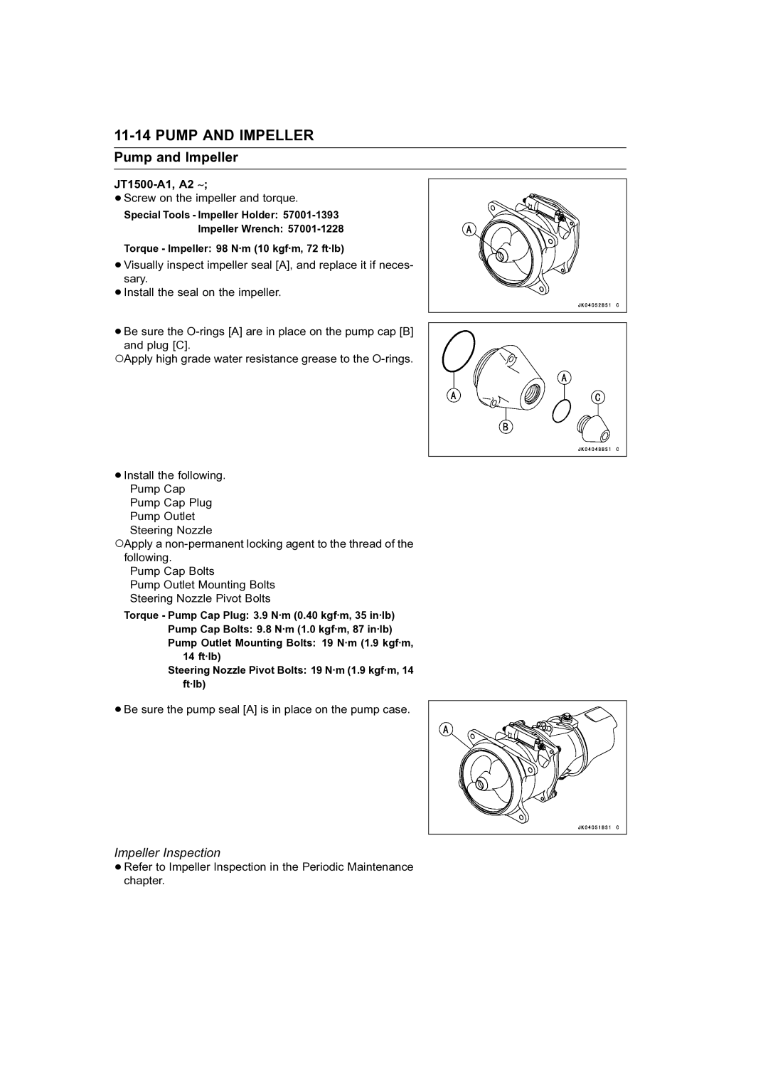 Kawasaki STX-15F service manual Impeller Inspection, JT1500-A1, A2 ∼ 