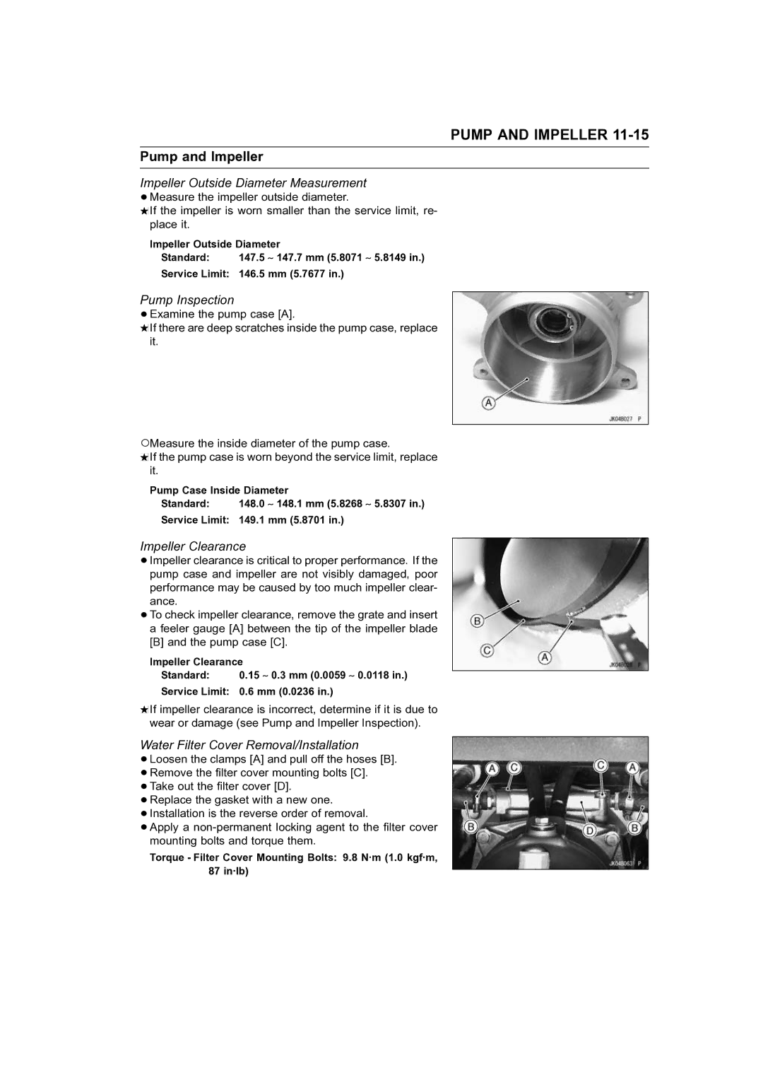 Kawasaki STX-15F service manual Impeller Outside Diameter Measurement, Pump Inspection, Impeller Clearance 