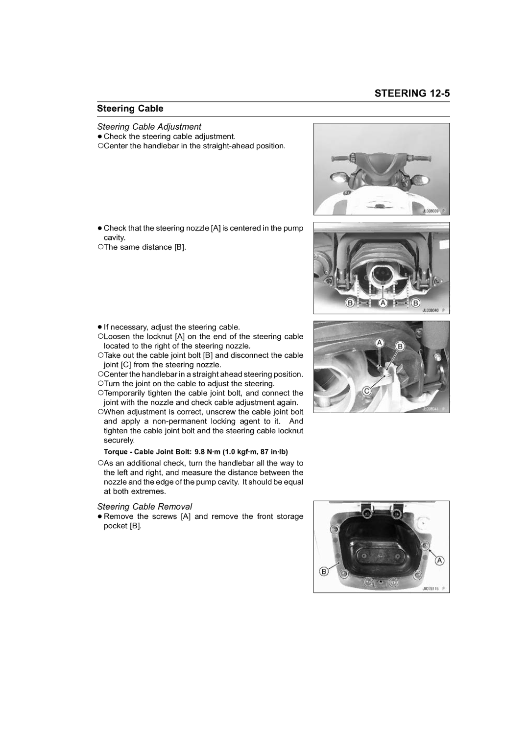 Kawasaki STX-15F service manual Steering Cable Adjustment, Steering Cable Removal 