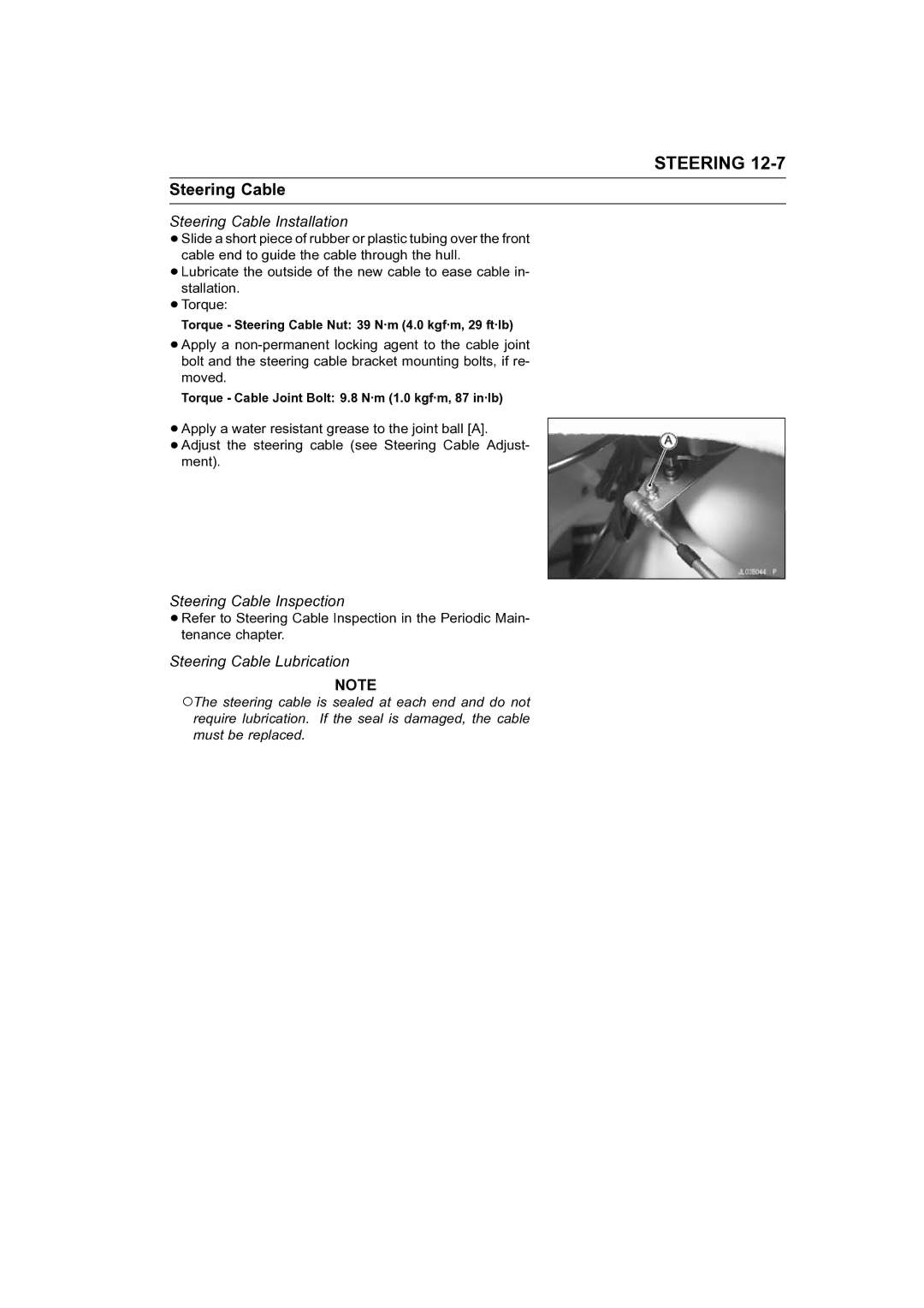 Kawasaki STX-15F service manual Steering Cable Installation, Steering Cable Inspection, Steering Cable Lubrication 