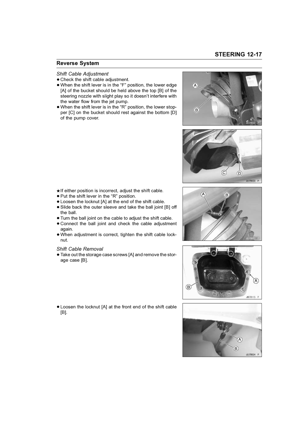 Kawasaki STX-15F service manual Reverse System, Shift Cable Adjustment, Shift Cable Removal 