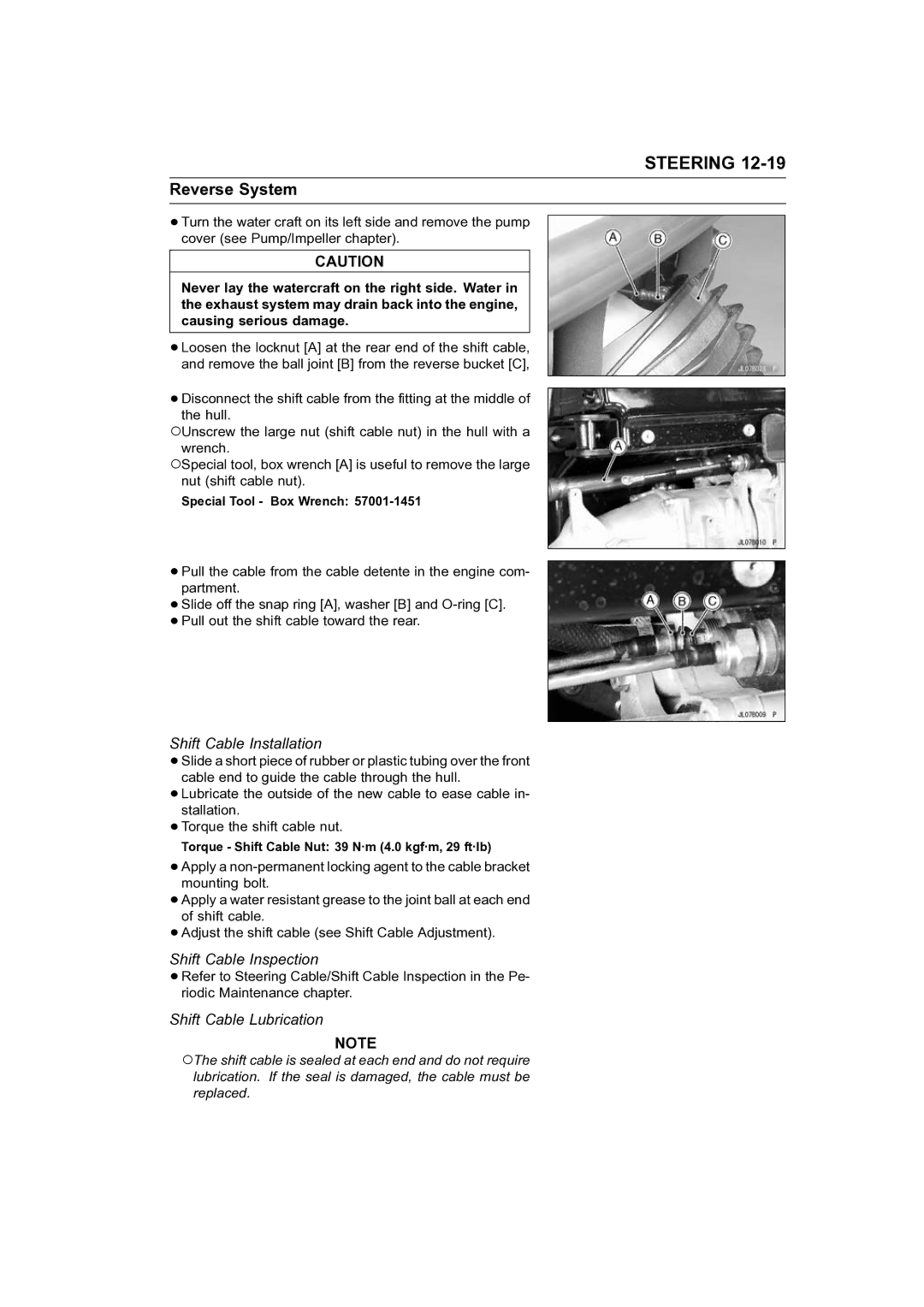 Kawasaki STX-15F service manual Shift Cable Installation, Shift Cable Inspection, Shift Cable Lubrication 