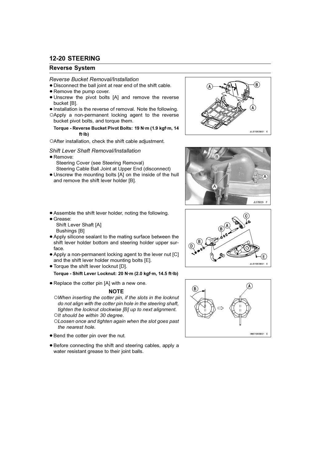 Kawasaki STX-15F service manual Reverse Bucket Removal/Installation, Shift Lever Shaft Removal/Installation 