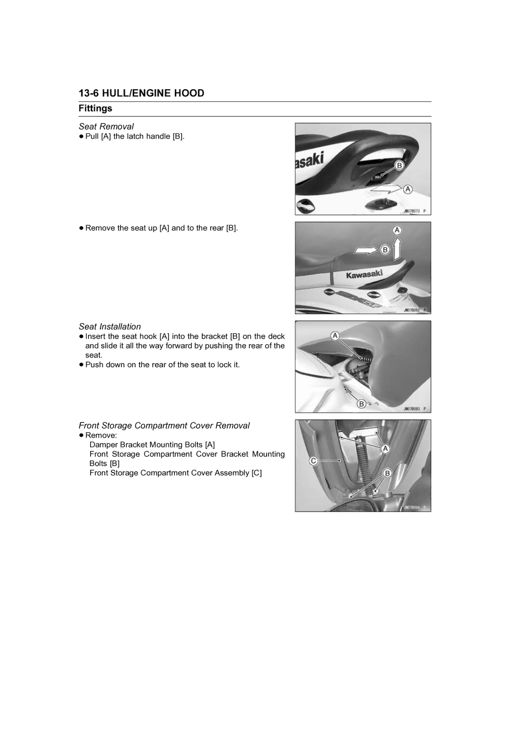 Kawasaki STX-15F service manual Fittings, Seat Removal, Seat Installation, Front Storage Compartment Cover Removal 