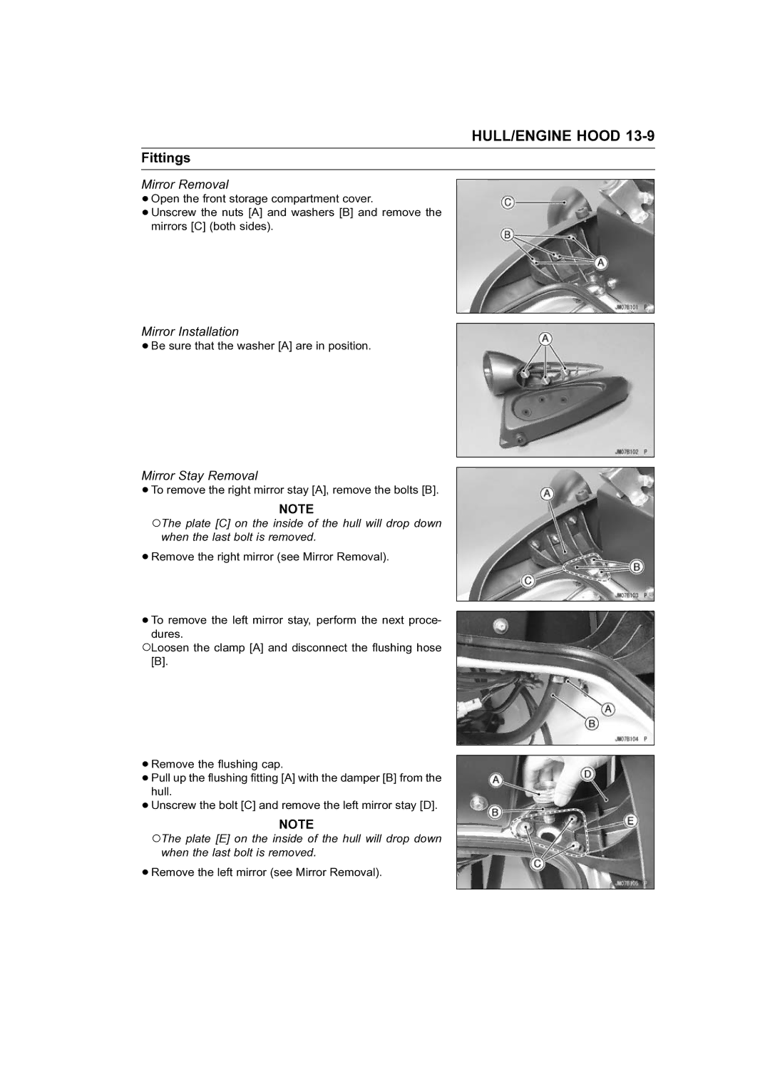 Kawasaki STX-15F service manual Mirror Removal, Mirror Installation, Mirror Stay Removal 