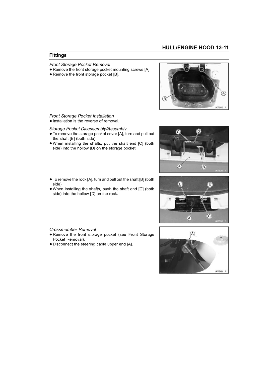 Kawasaki STX-15F Front Storage Pocket Removal, Front Storage Pocket Installation, Storage Pocket Disassembly/Assembly 