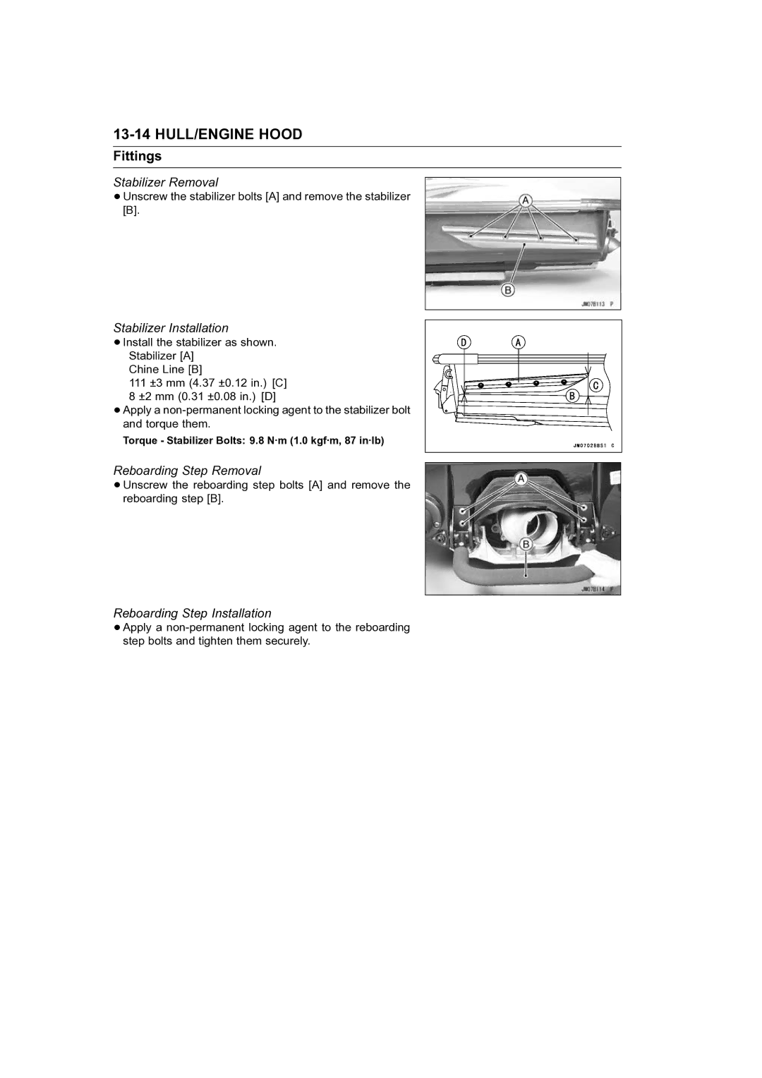 Kawasaki STX-15F Stabilizer Removal, Stabilizer Installation, Reboarding Step Removal, Reboarding Step Installation 