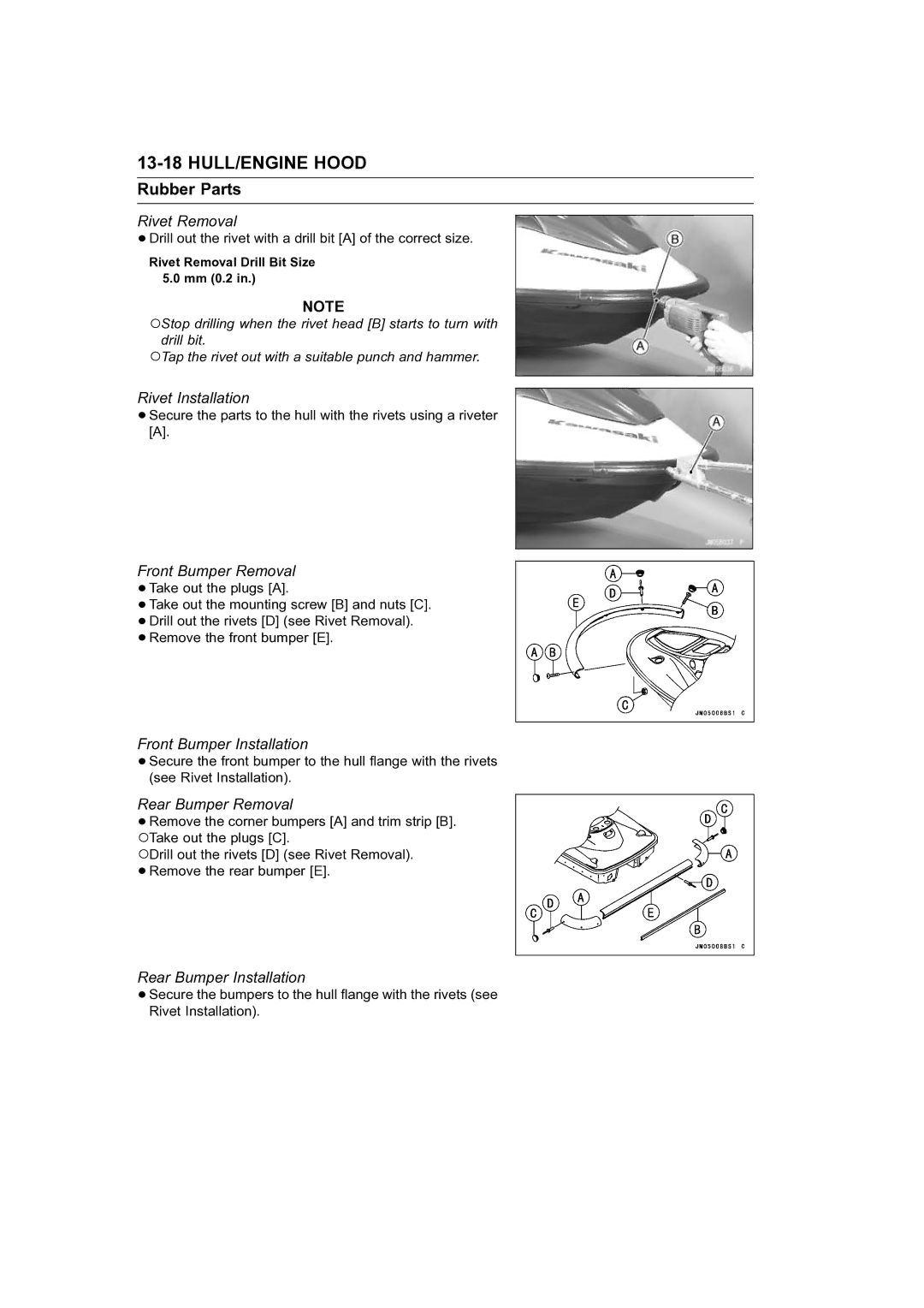 Kawasaki STX-15F Rivet Removal, Rivet Installation, Front Bumper Removal, Front Bumper Installation, Rear Bumper Removal 