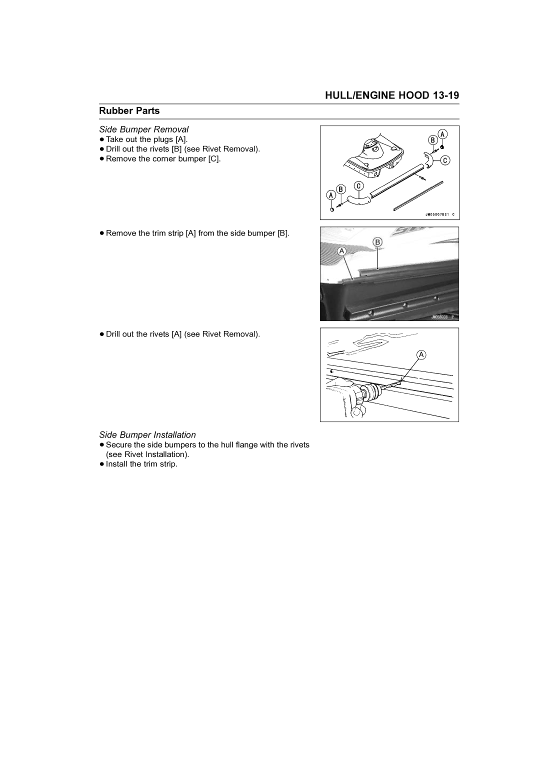 Kawasaki STX-15F service manual Side Bumper Removal, Side Bumper Installation 