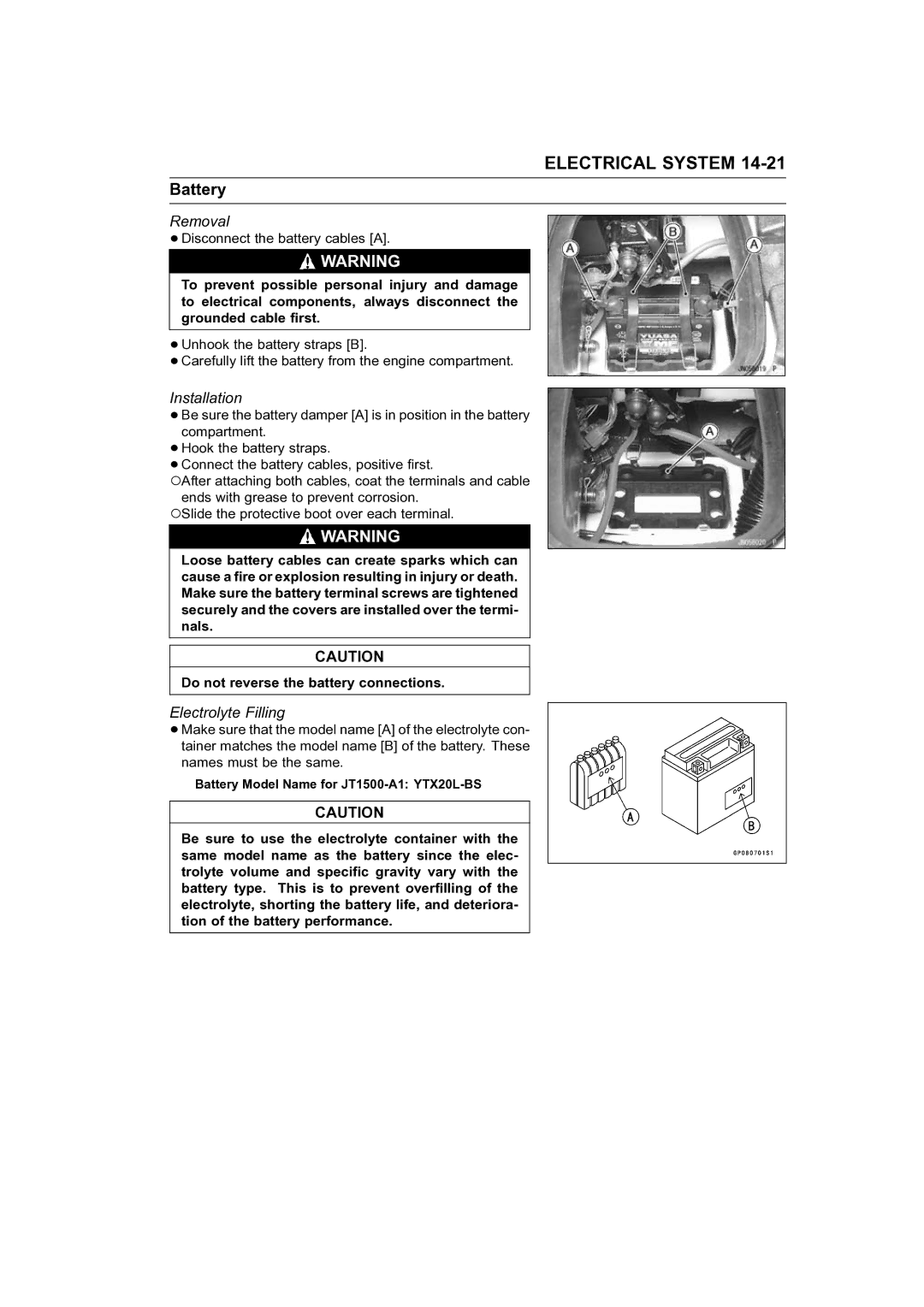 Kawasaki STX-15F service manual Battery, Removal, Installation, Electrolyte Filling 