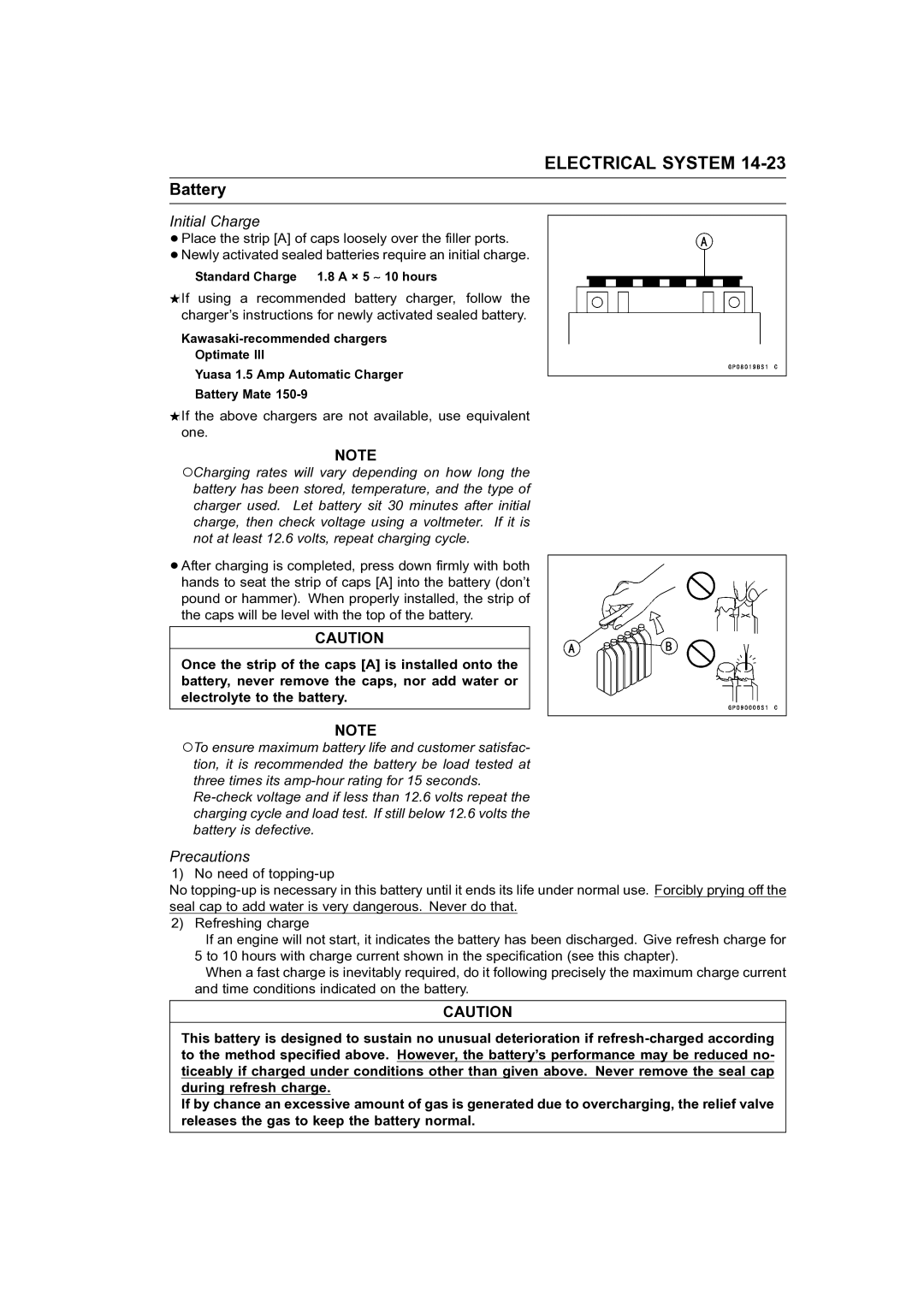 Kawasaki STX-15F service manual Initial Charge, Precautions 