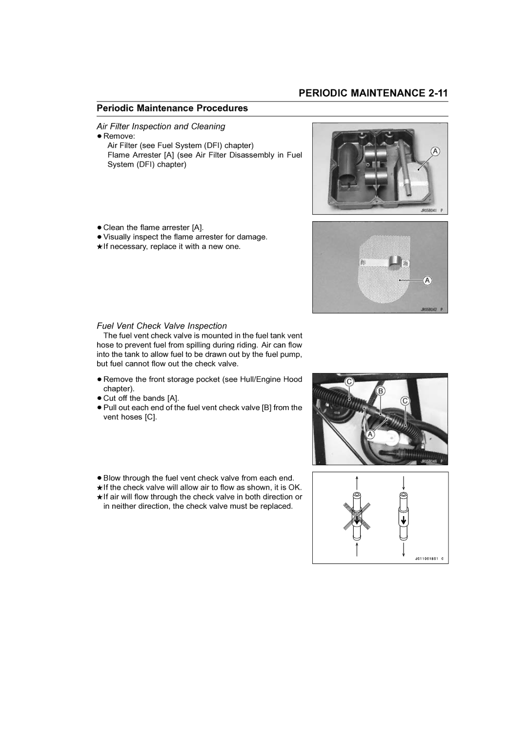 Kawasaki STX-15F Periodic Maintenance Procedures, Air Filter Inspection and Cleaning, Fuel Vent Check Valve Inspection 