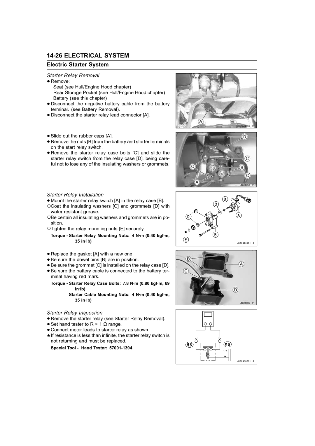 Kawasaki STX-15F Electric Starter System, Starter Relay Removal, Starter Relay Installation, Starter Relay Inspection 