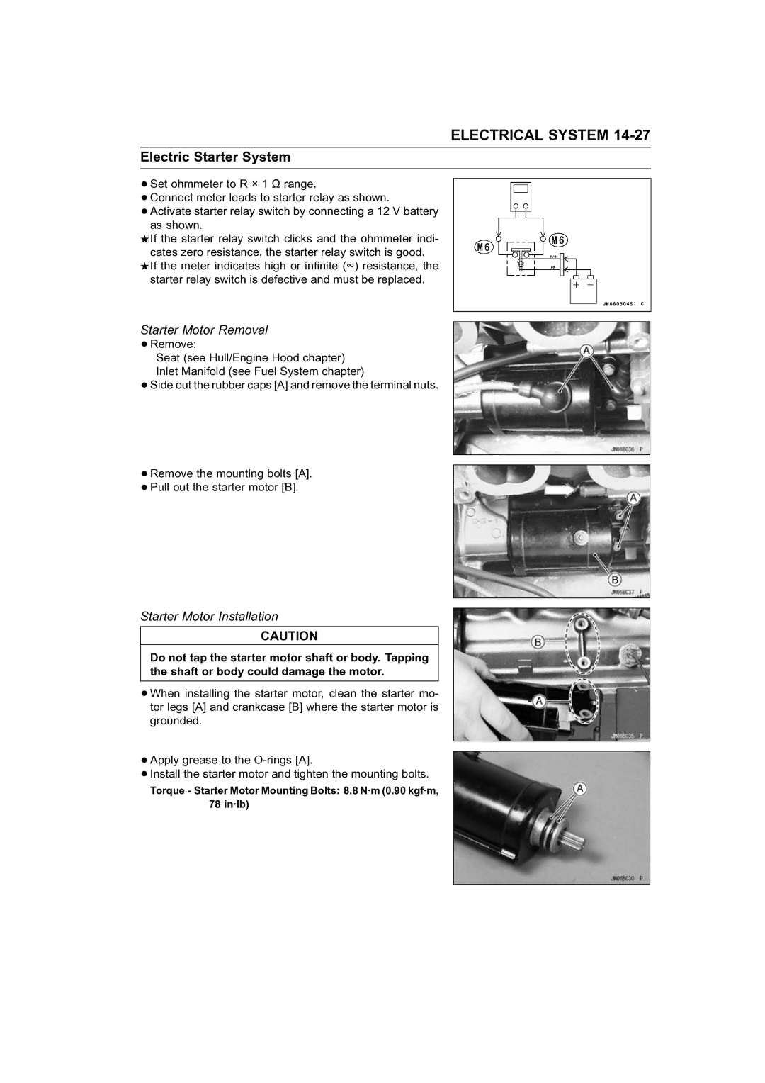 Kawasaki STX-15F service manual Starter Motor Removal, Starter Motor Installation 