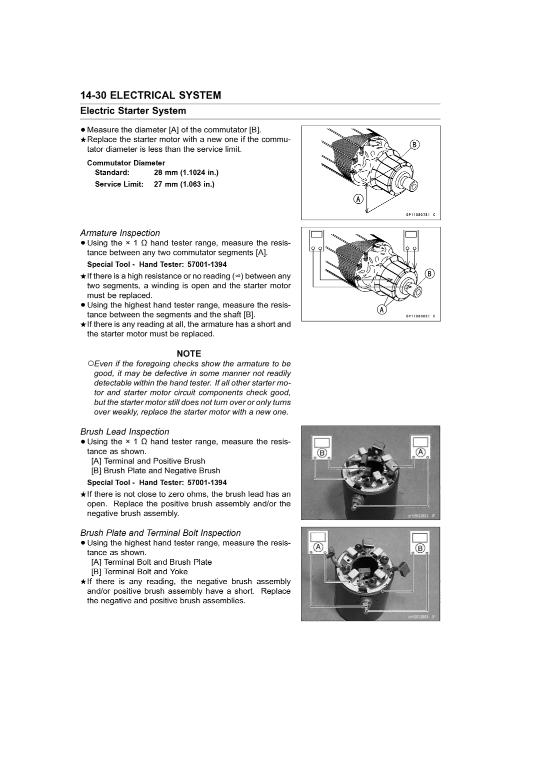 Kawasaki STX-15F service manual Armature Inspection, Brush Lead Inspection, Brush Plate and Terminal Bolt Inspection 