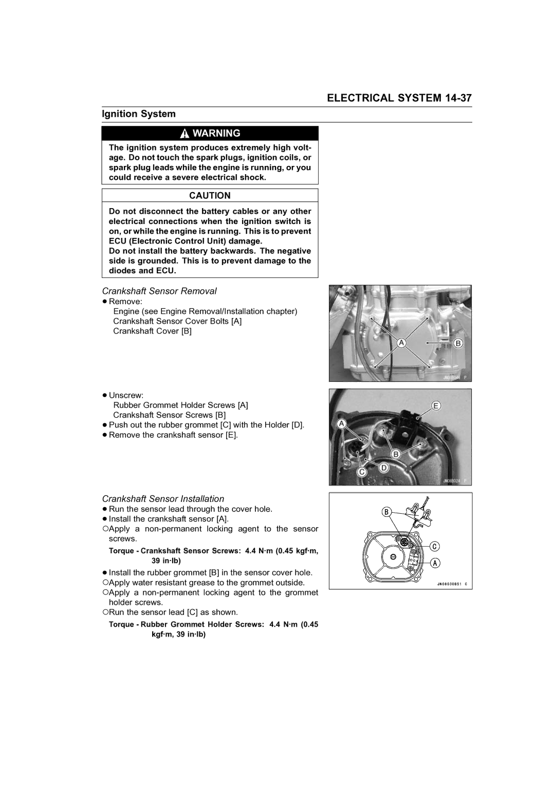 Kawasaki STX-15F service manual Ignition System, Crankshaft Sensor Removal, Crankshaft Sensor Installation 